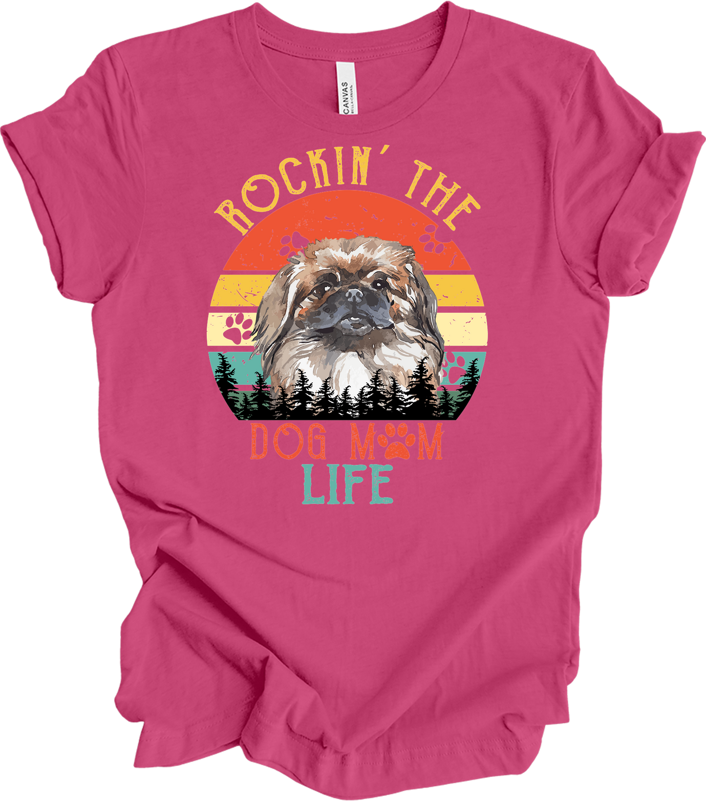 Pekingese Dog Mom Life Retro Sunset T-Shirt in Berry