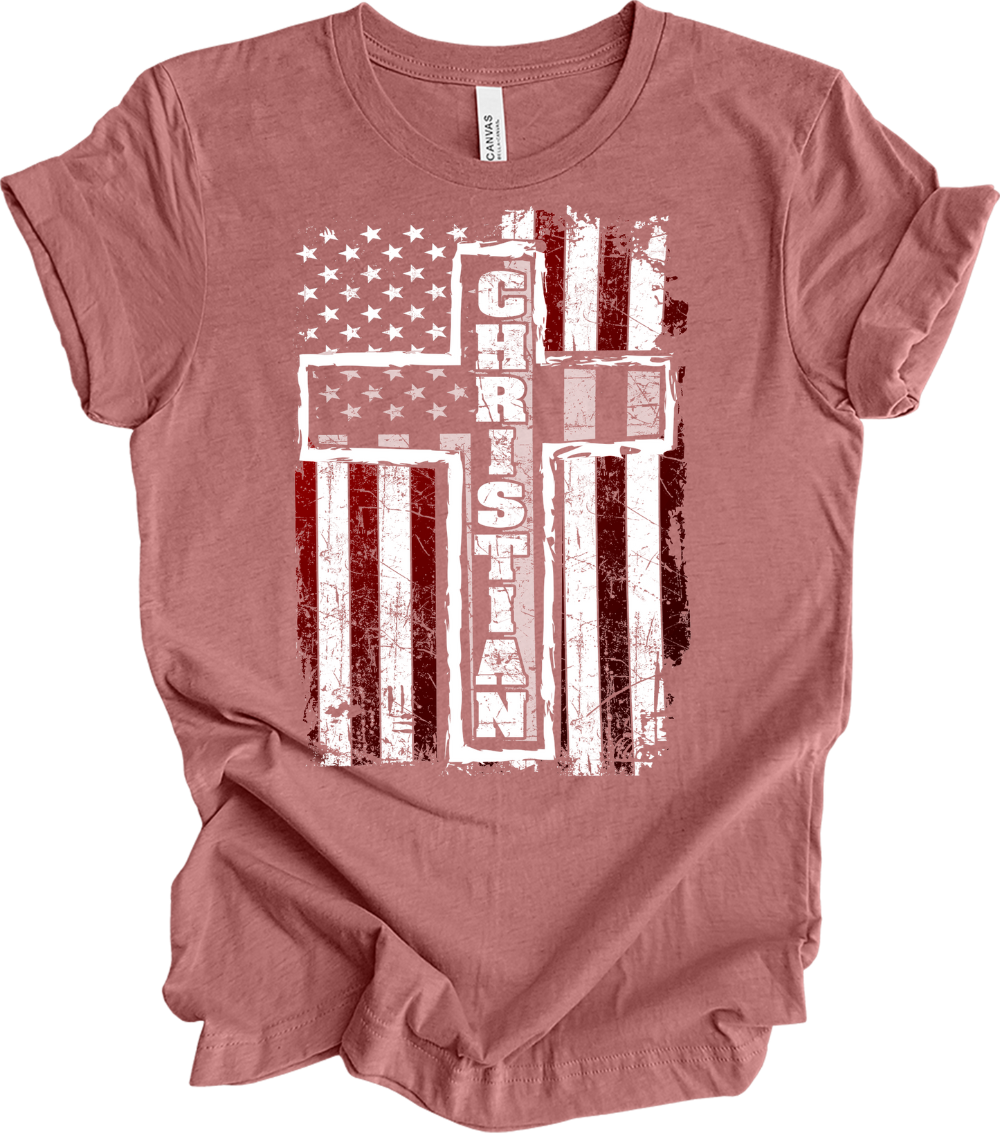 American Flag Cross Christian T-Shirt in Heather Mauve