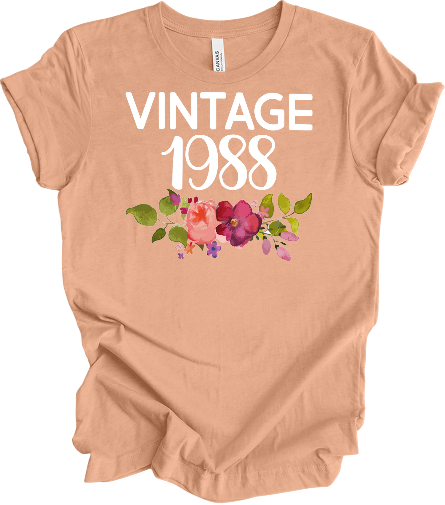 Vintage 1988 Birth Year Floral - 35th Birthday Gift T-Shirt in Heather Peach