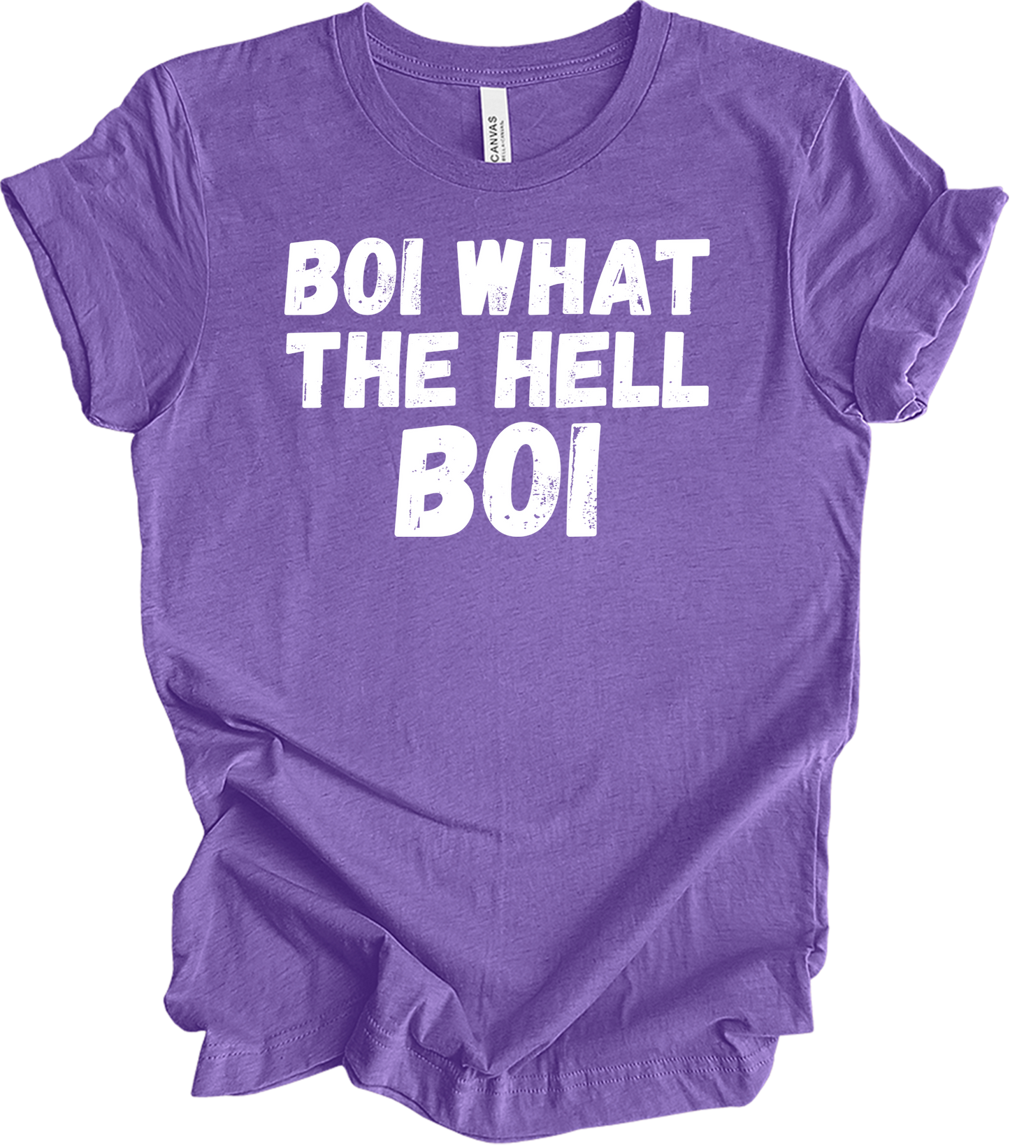 Boi What The Hell Boi Funny Quote Meme T-Shirt in Heather Team Purple