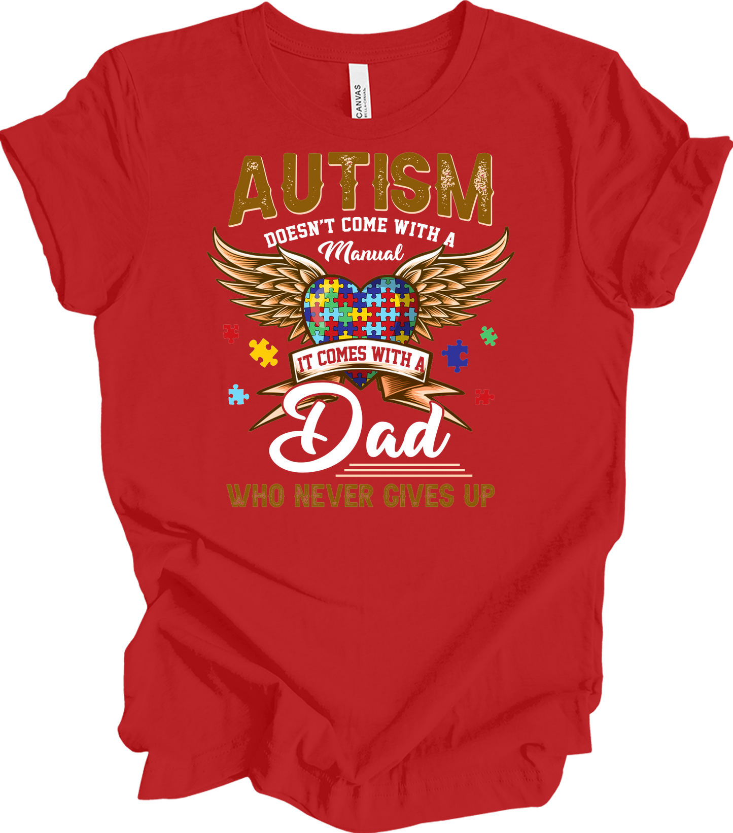 Autism Dad Heart Puzzle T-Shirt in Red