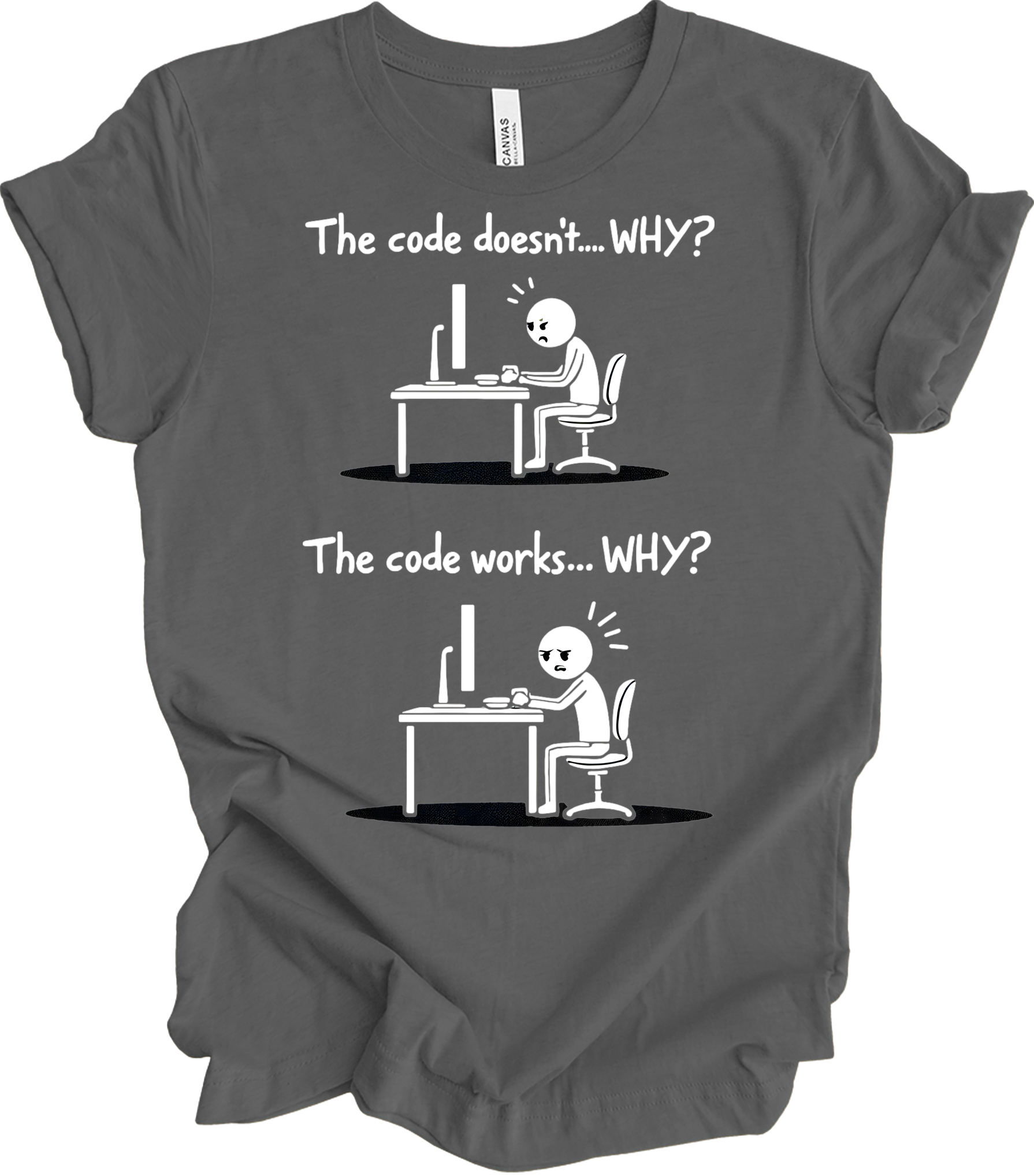 Code Works Why? Funny T-Shirt in Asphalt