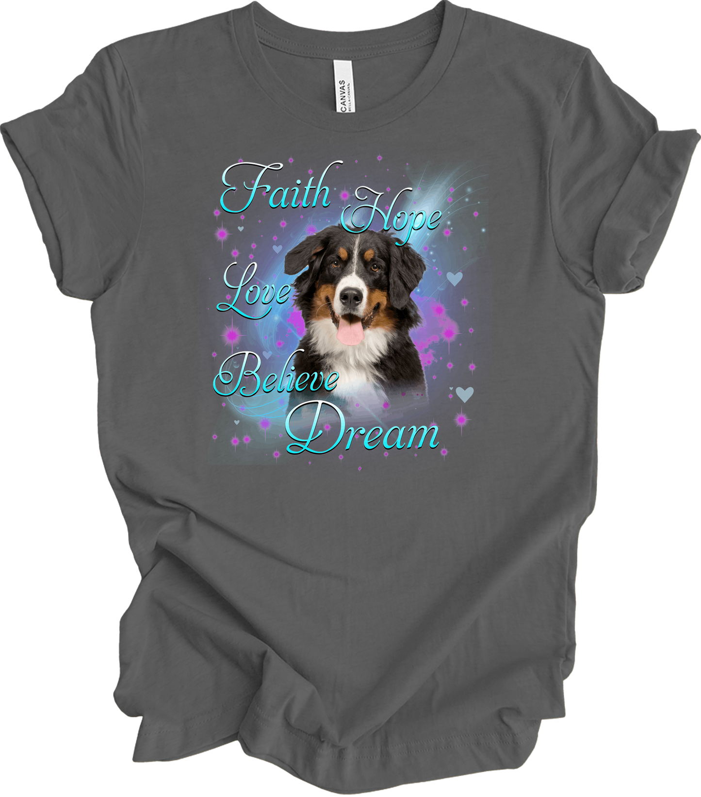 Bernese Mountain Dog Faith Hope Love Believe Dream Inspirational T-Shirt in Asphalt