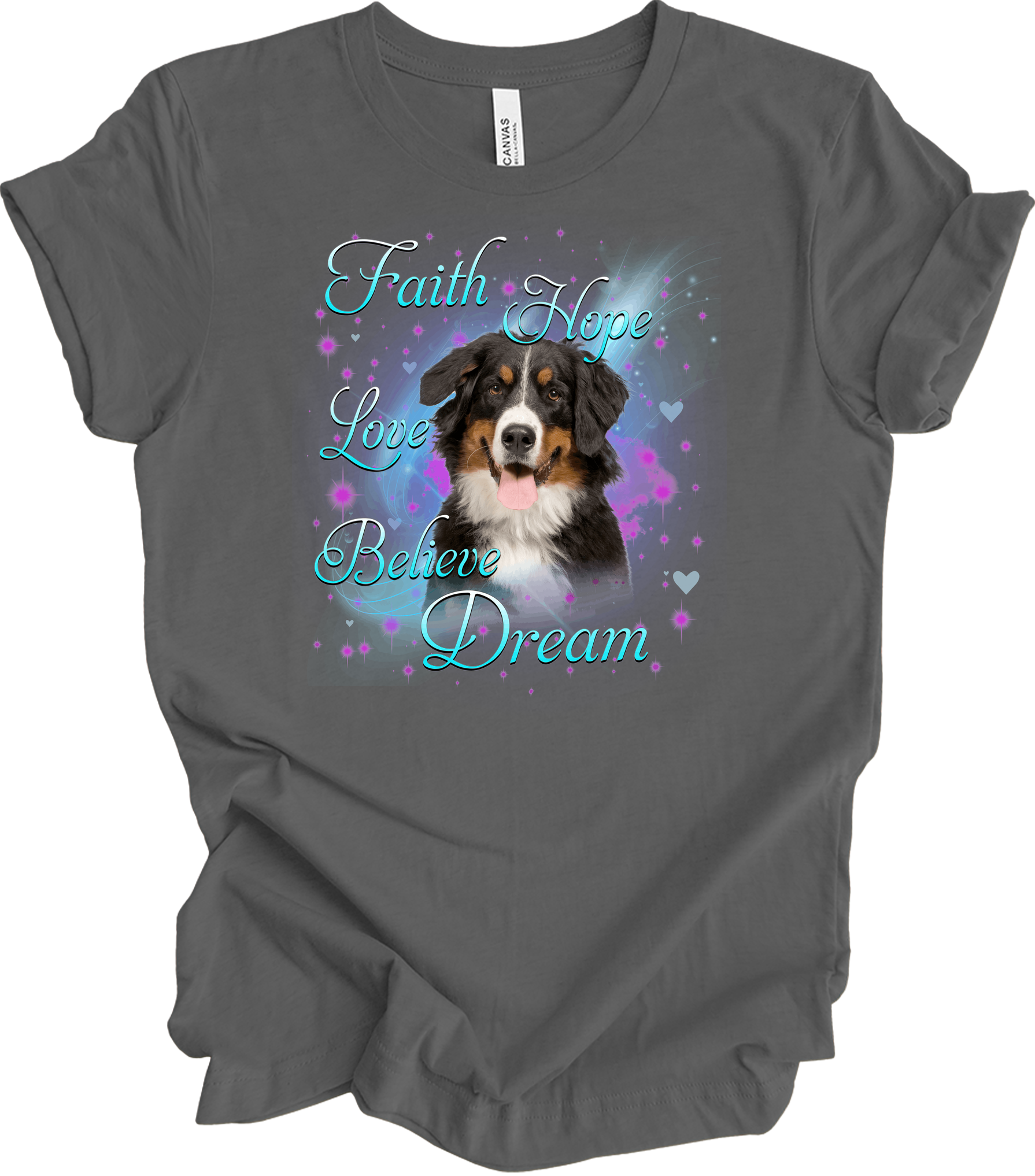 Bernese Mountain Dog Faith Hope Love Believe Dream Inspirational T-Shirt in Asphalt