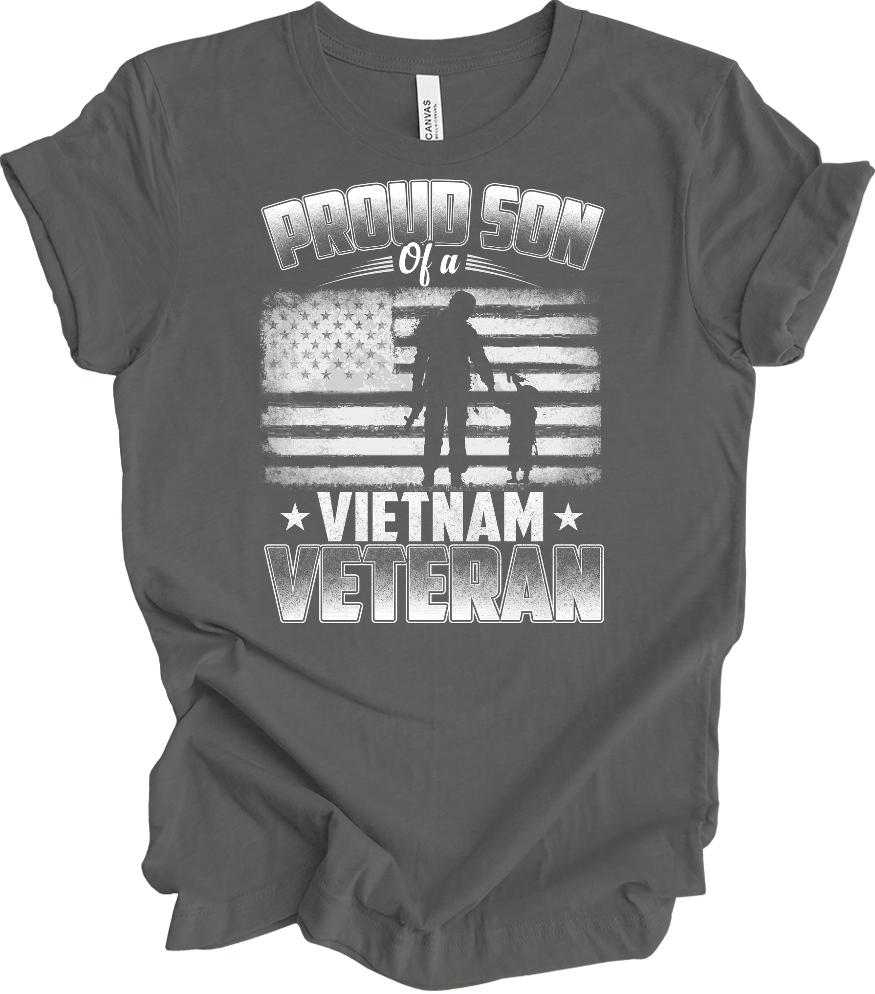 Proud Son Vietnam Veteran Patriotic US Flag T-Shirt in Asphalt