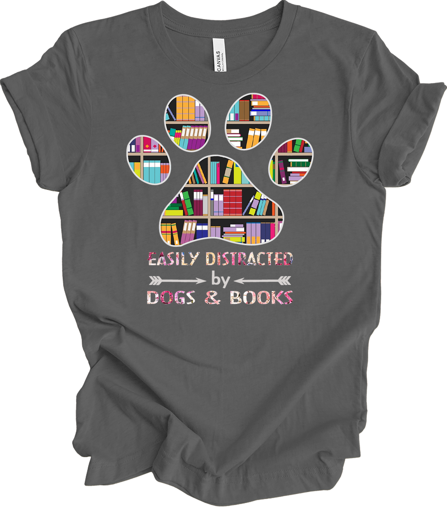 Colorful Paw Print Dogs & Books T-Shirt in Asphalt