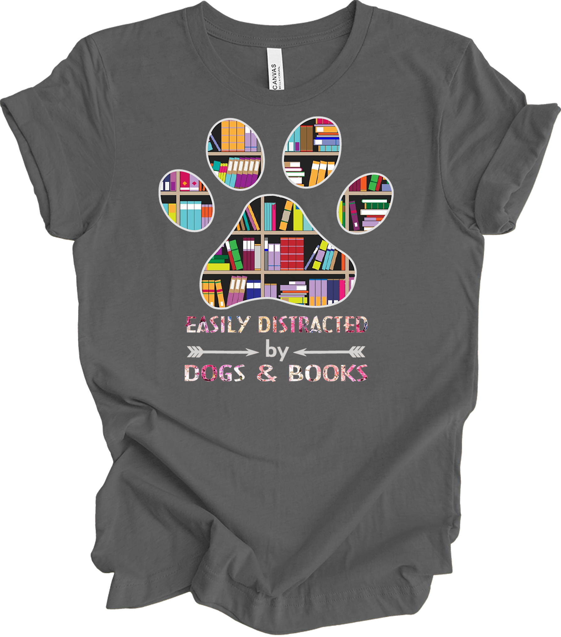 Colorful Paw Print Dogs & Books T-Shirt in Asphalt