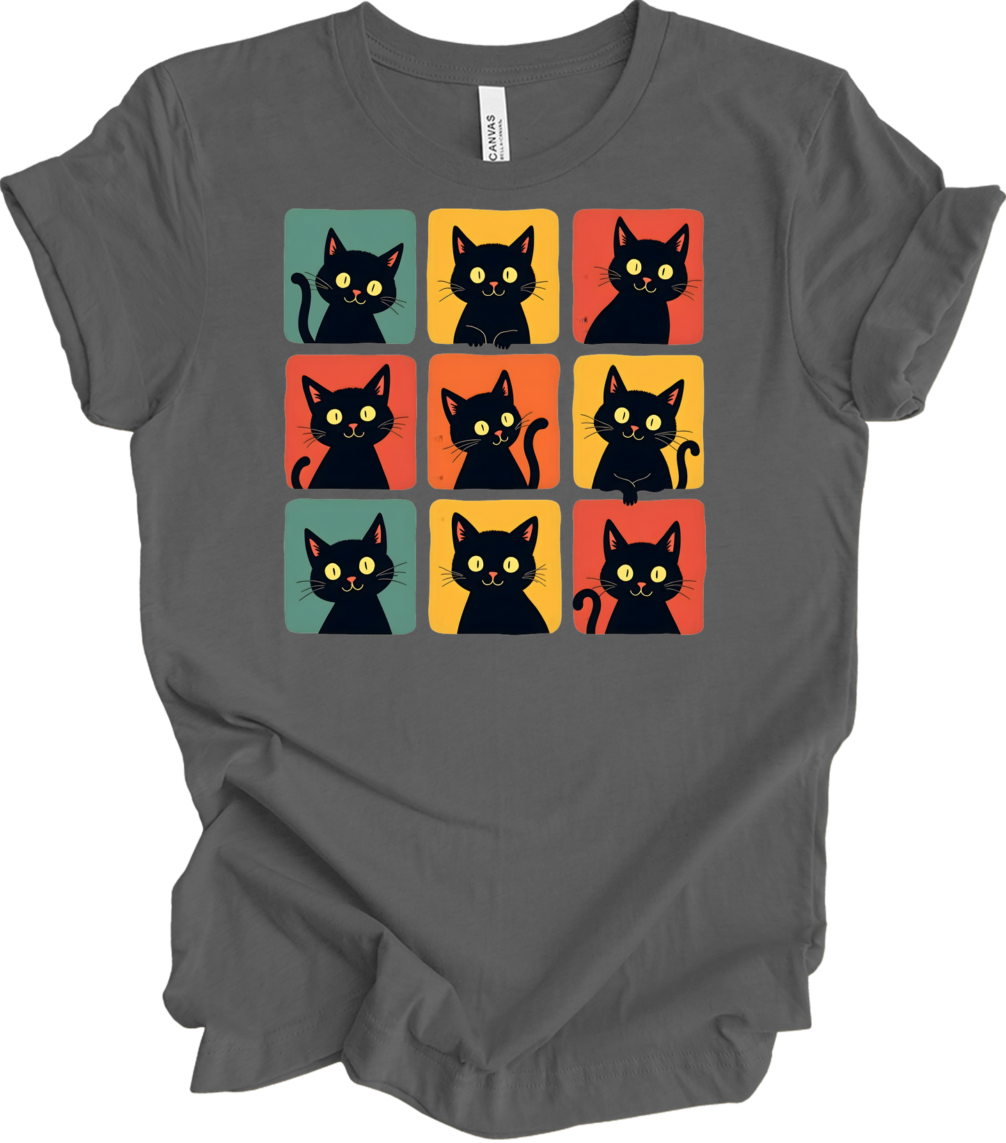 Retro Black Cat Faces T-Shirt in Asphalt