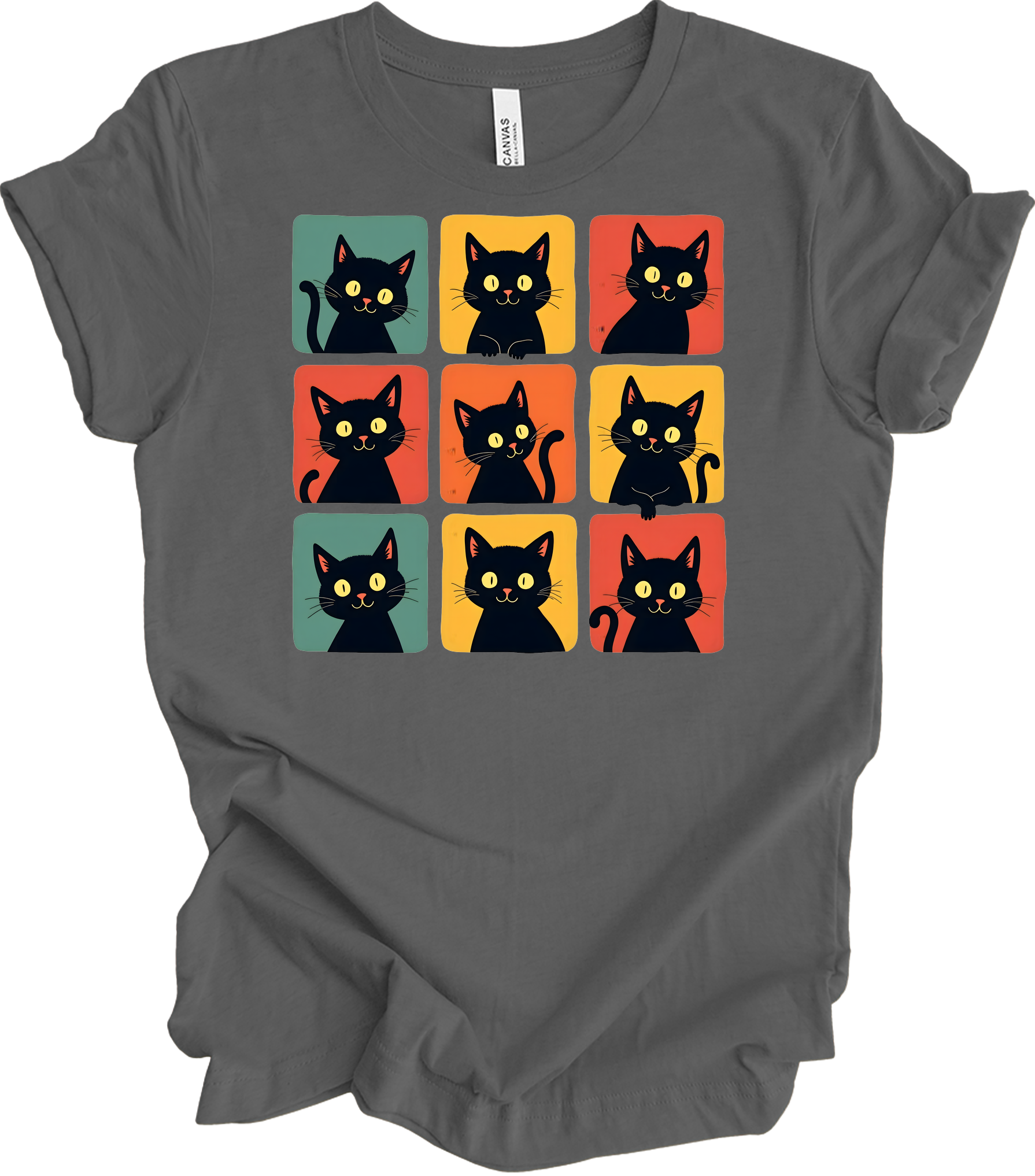 Retro Black Cat Faces T-Shirt in Asphalt