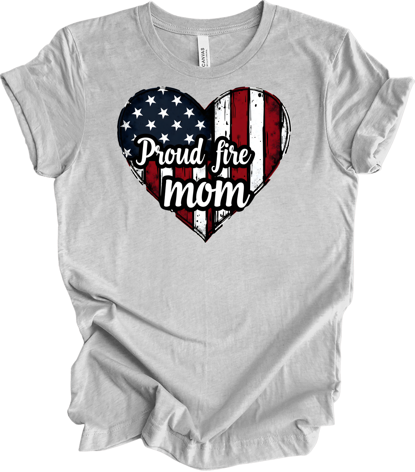 Proud Fire Mom - USA Flag Heart T-Shirt in Athletic Heather
