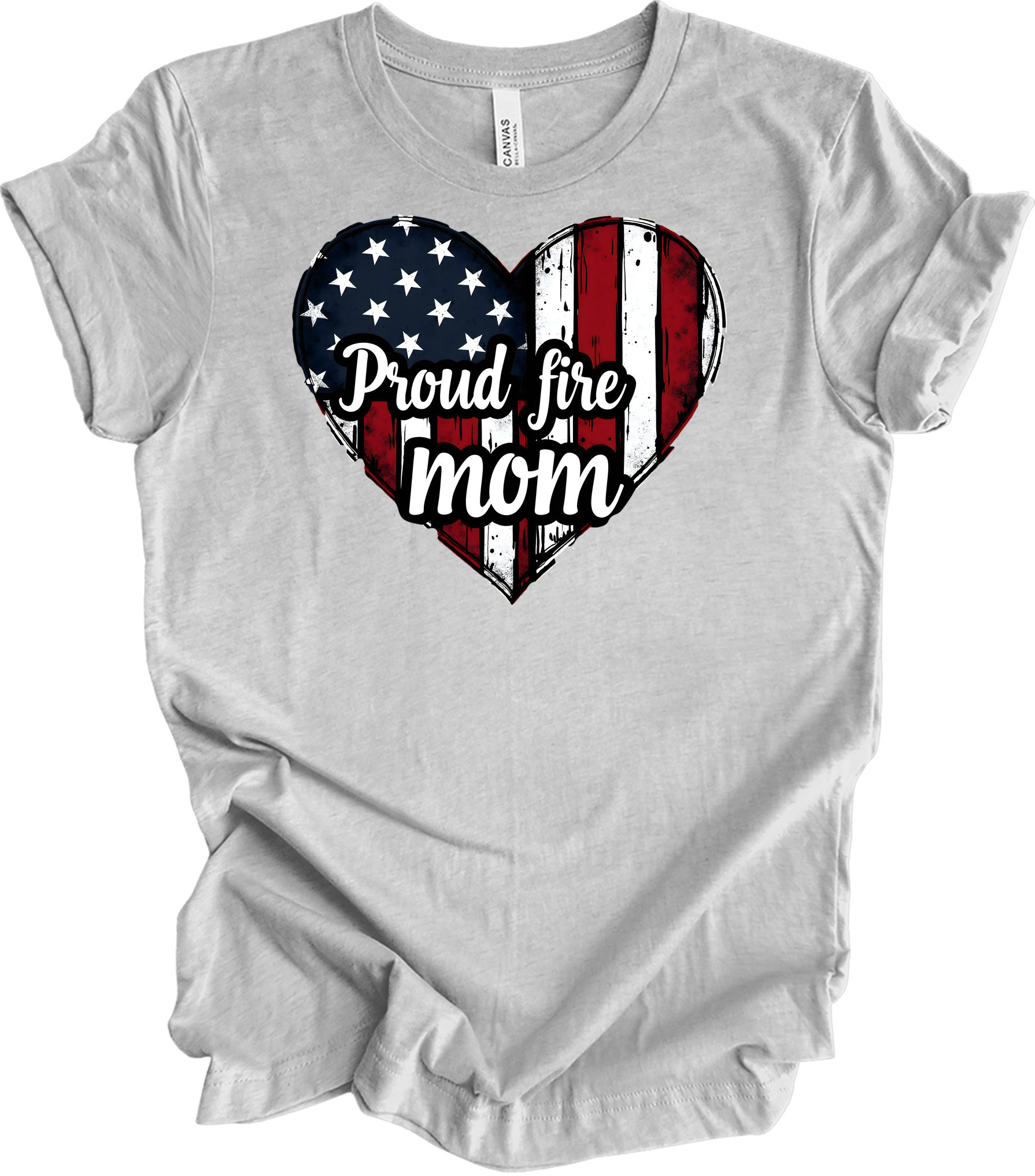 Proud Fire Mom - USA Flag Heart T-Shirt in Athletic Heather