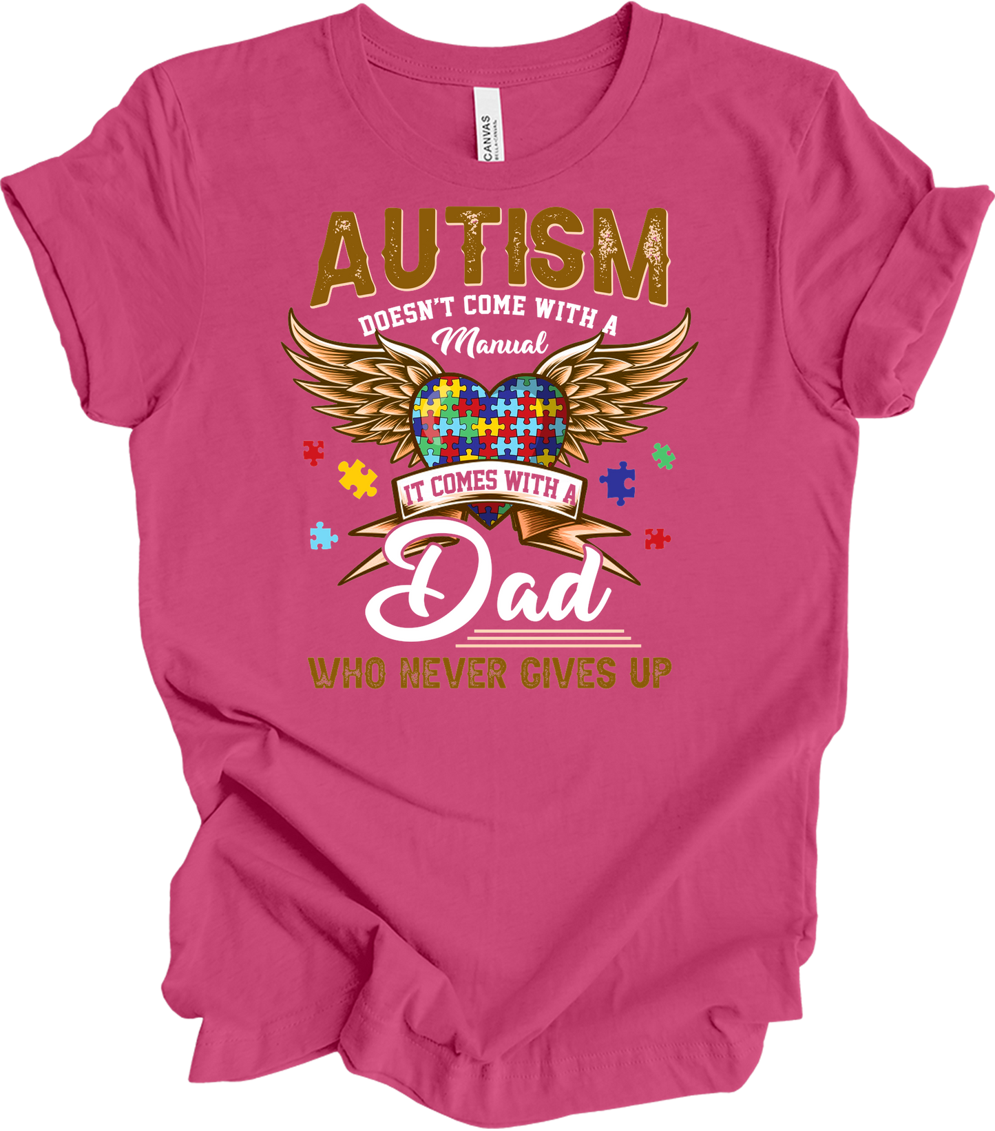 Autism Dad Heart Puzzle T-Shirt in Berry