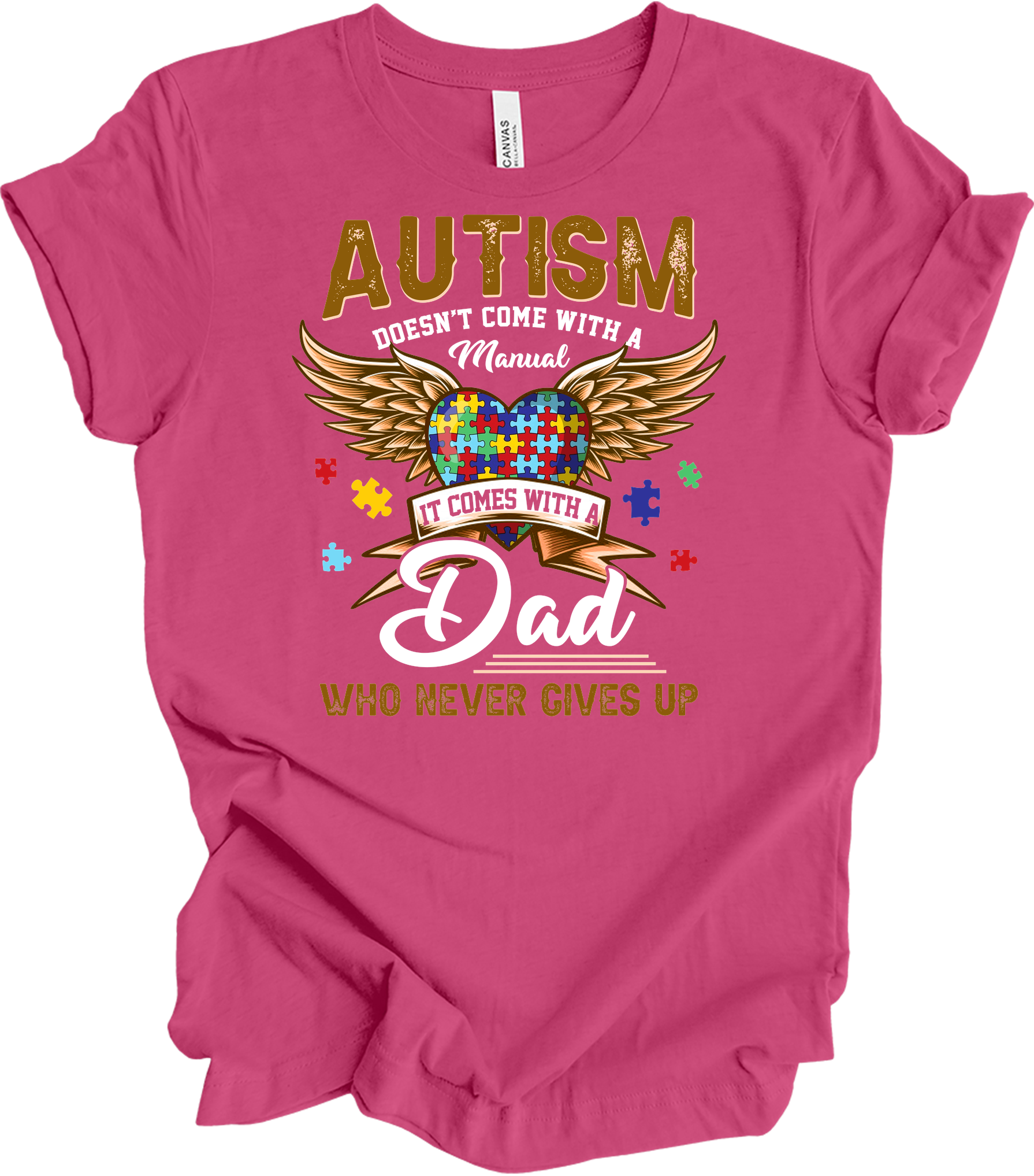 Autism Dad Heart Puzzle T-Shirt in Berry