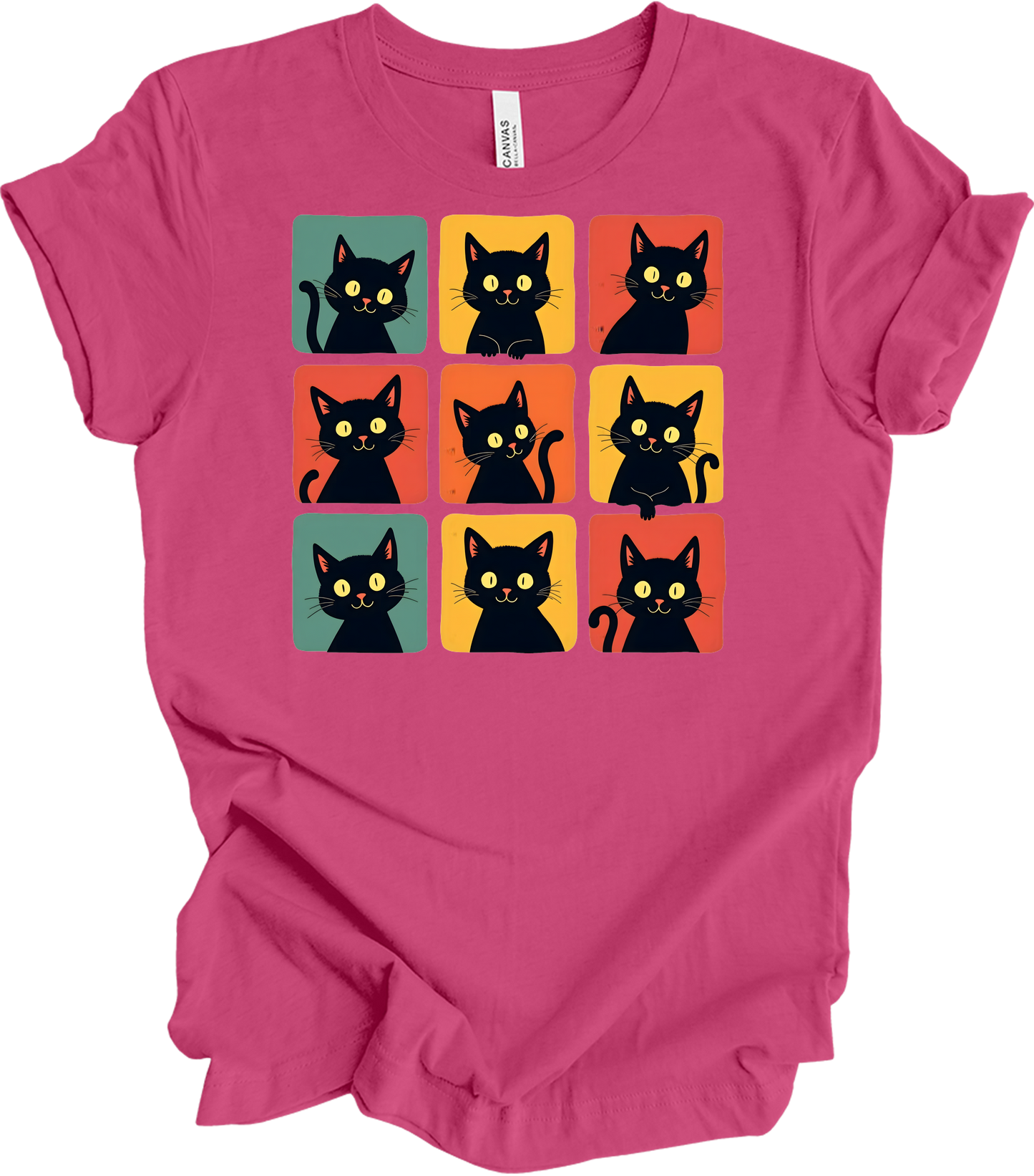 Retro Black Cat Faces T-Shirt in Berry