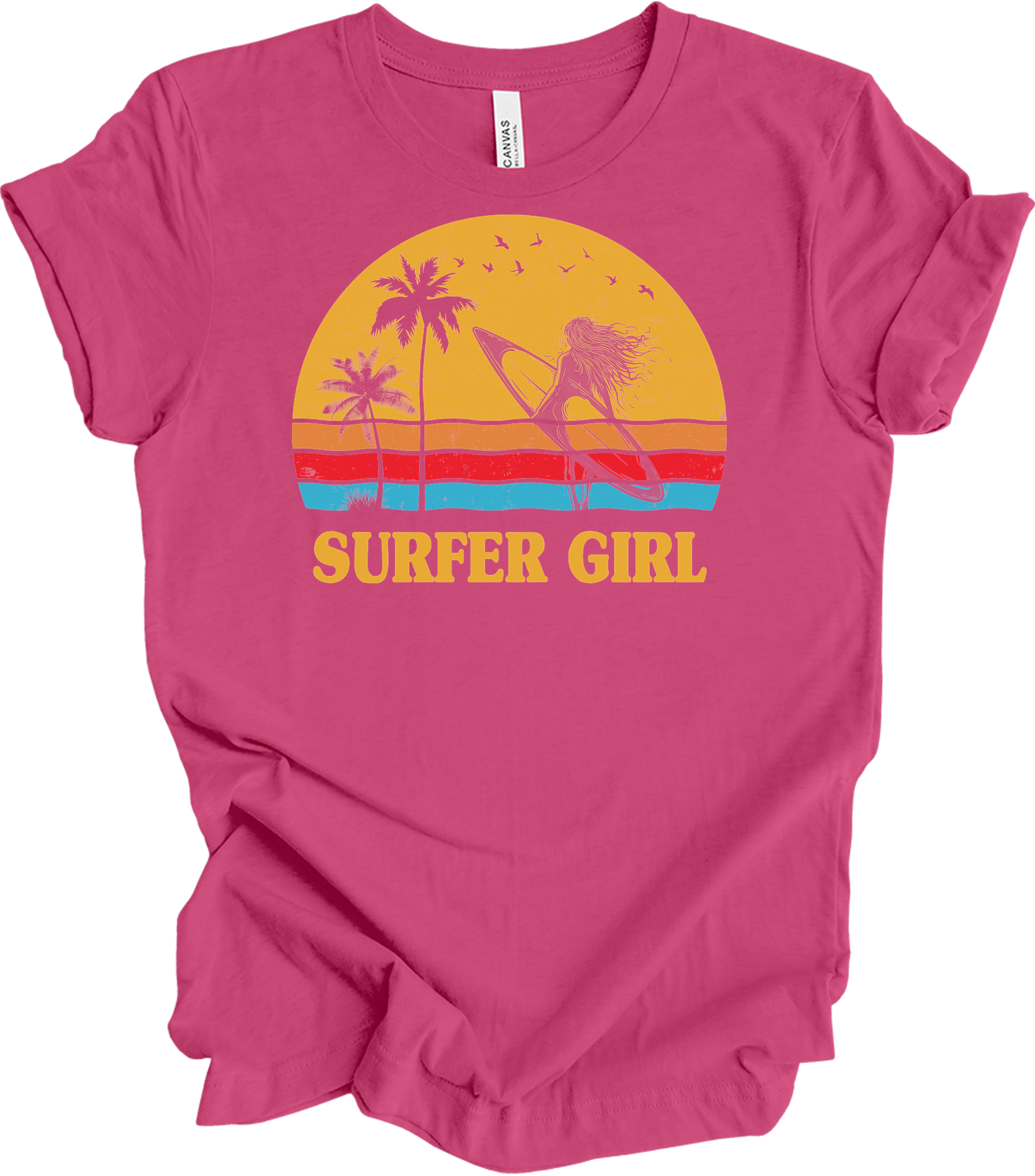 Surfer Girl Vintage Retro 70s Beach Surfing California Lover T-Shirt in Berry