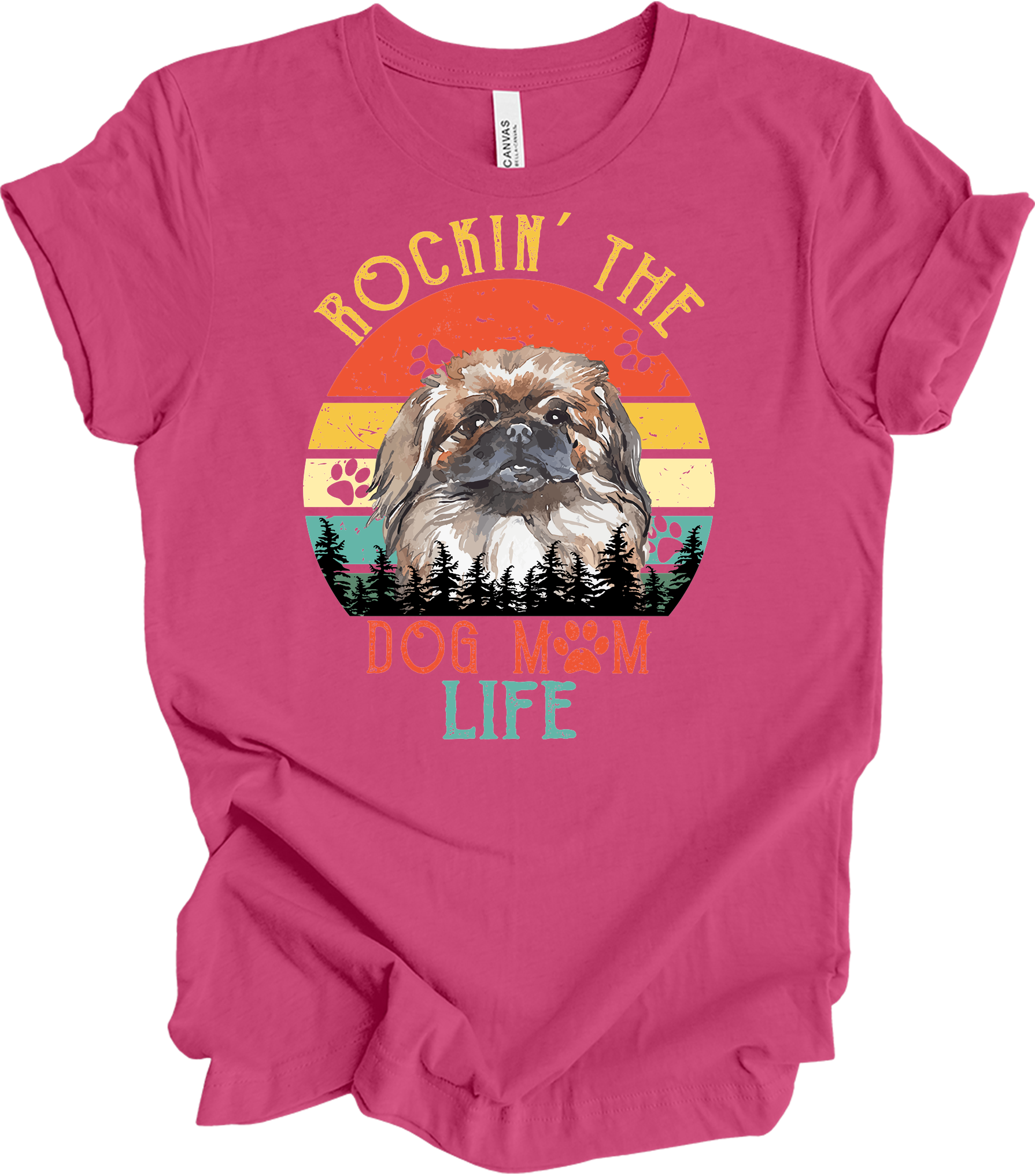 Pekingese Dog Mom Life Retro Sunset T-Shirt in Berry