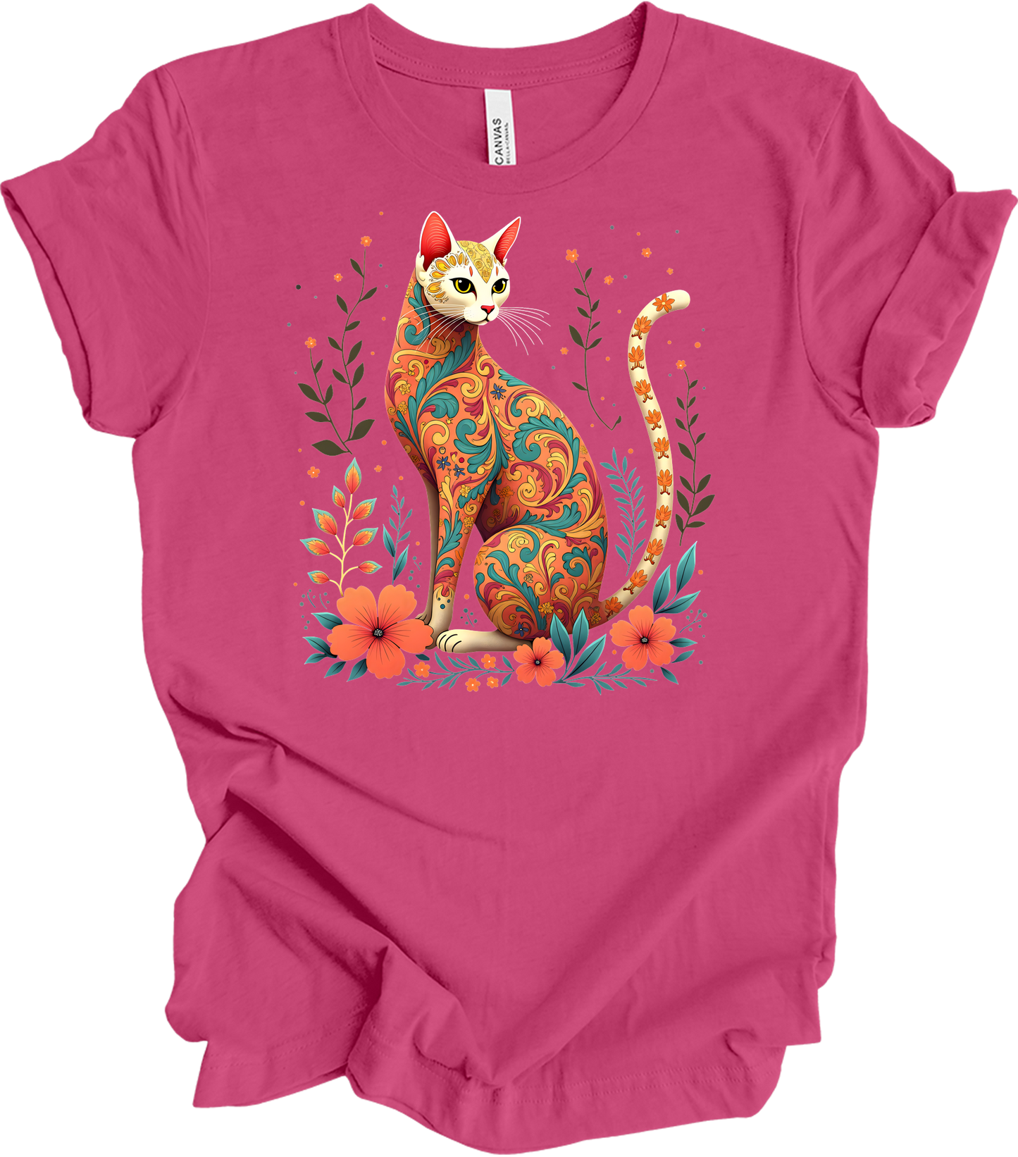 Floral Cat Art - Siamese Design T-Shirt in Berry