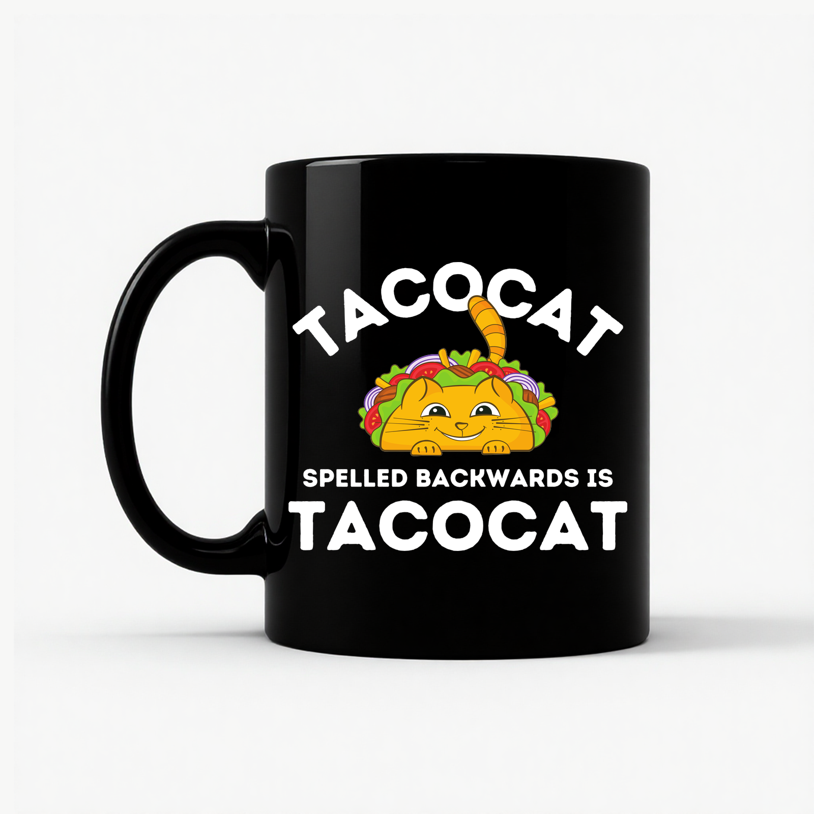 Tacocat Spelled Backwards Funny Taco Cat Mug in Black