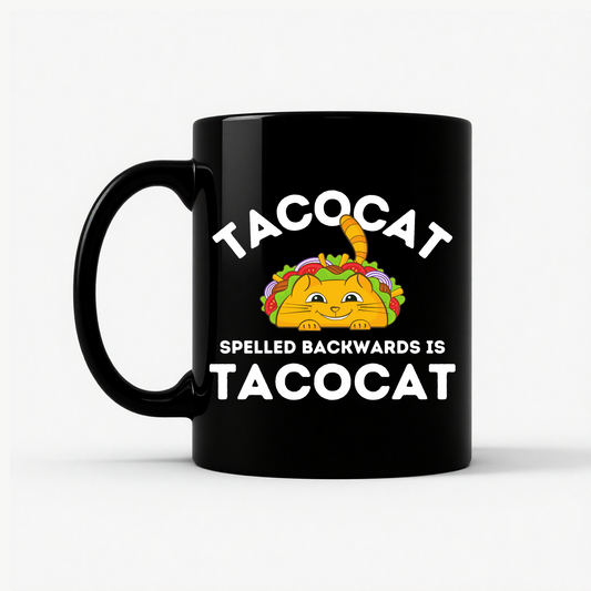 Tacocat Spelled Backwards Funny Taco Cat Mug in Black