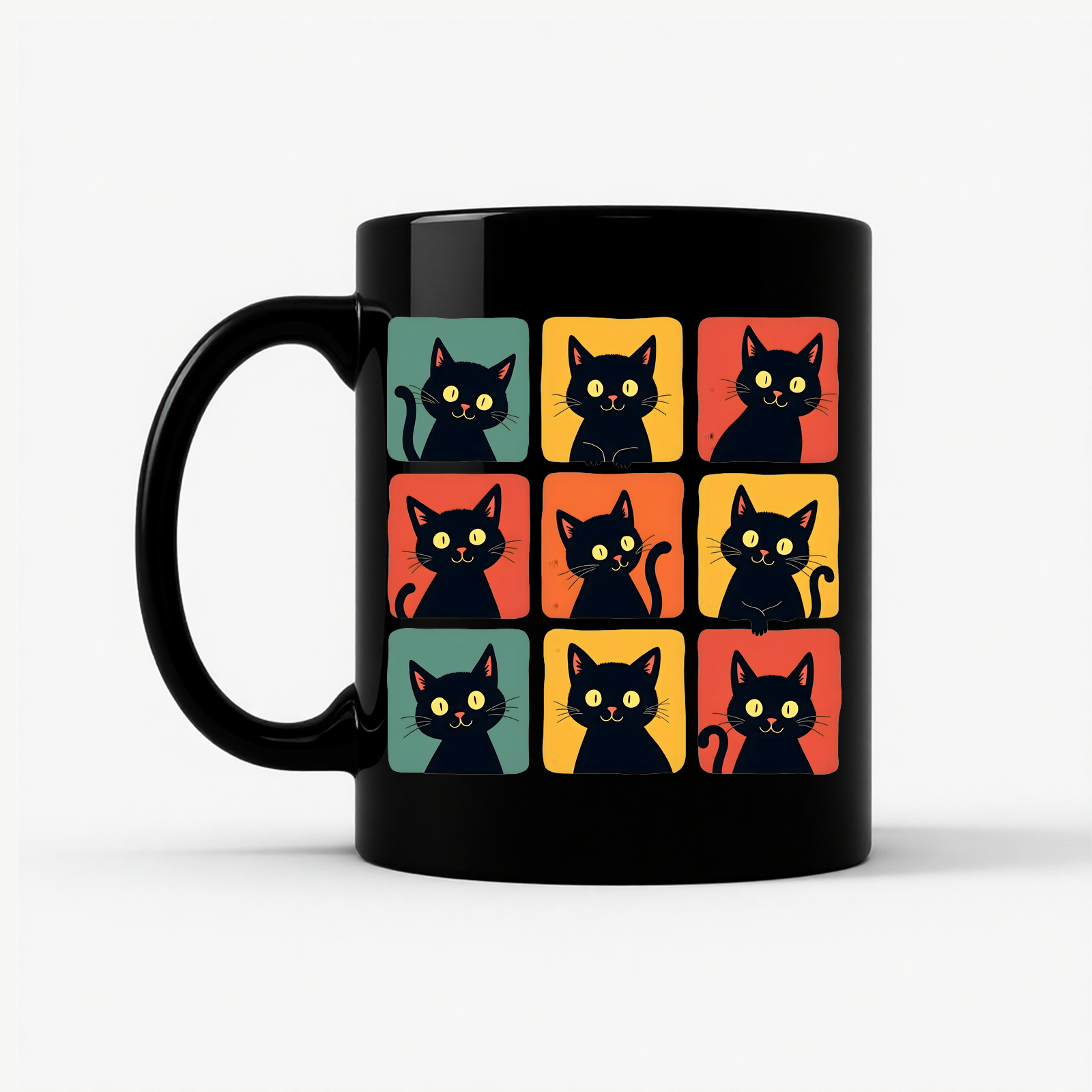 Retro Black Cat Faces Mug in Black