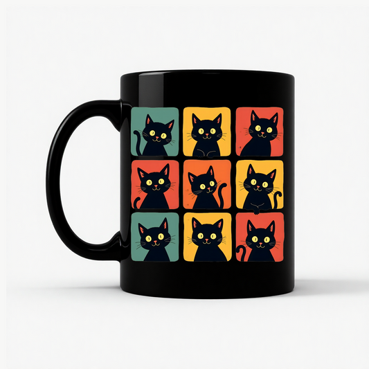 Retro Black Cat Faces Mug in Black