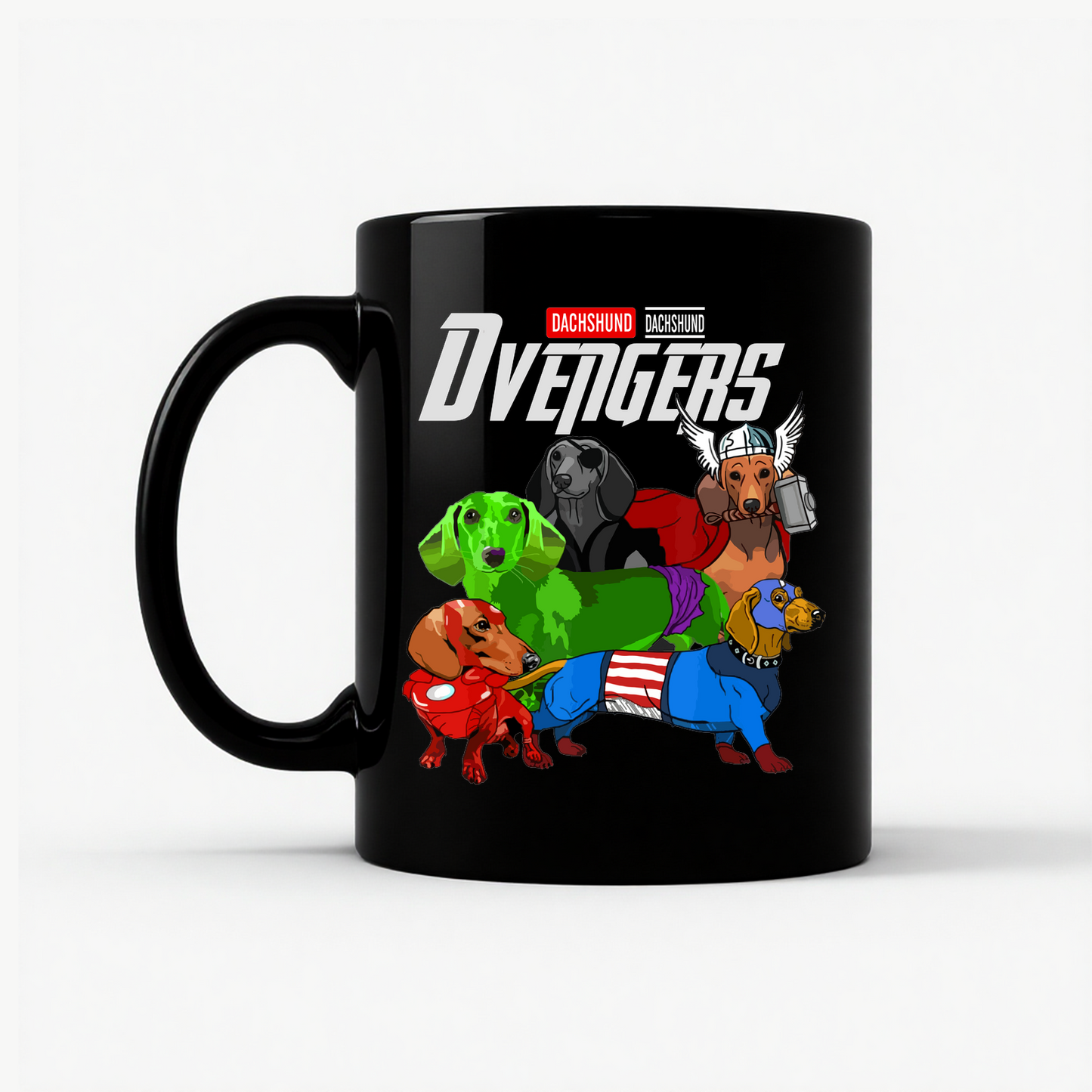 Dachshund Dvengers Funny Dog Lover Superhero Mug in Black