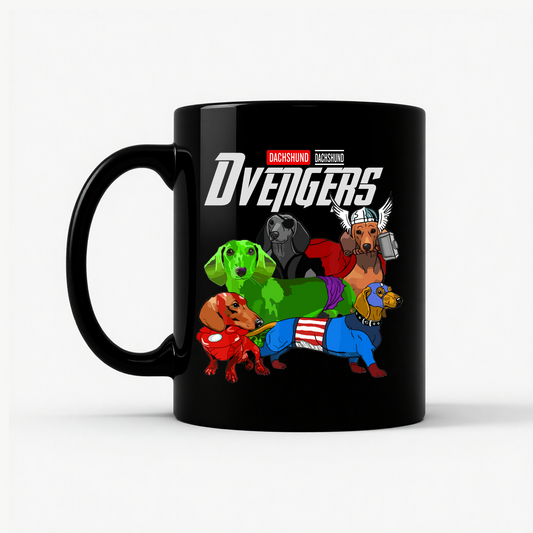 Dachshund Dvengers Funny Dog Lover Superhero Mug in Black
