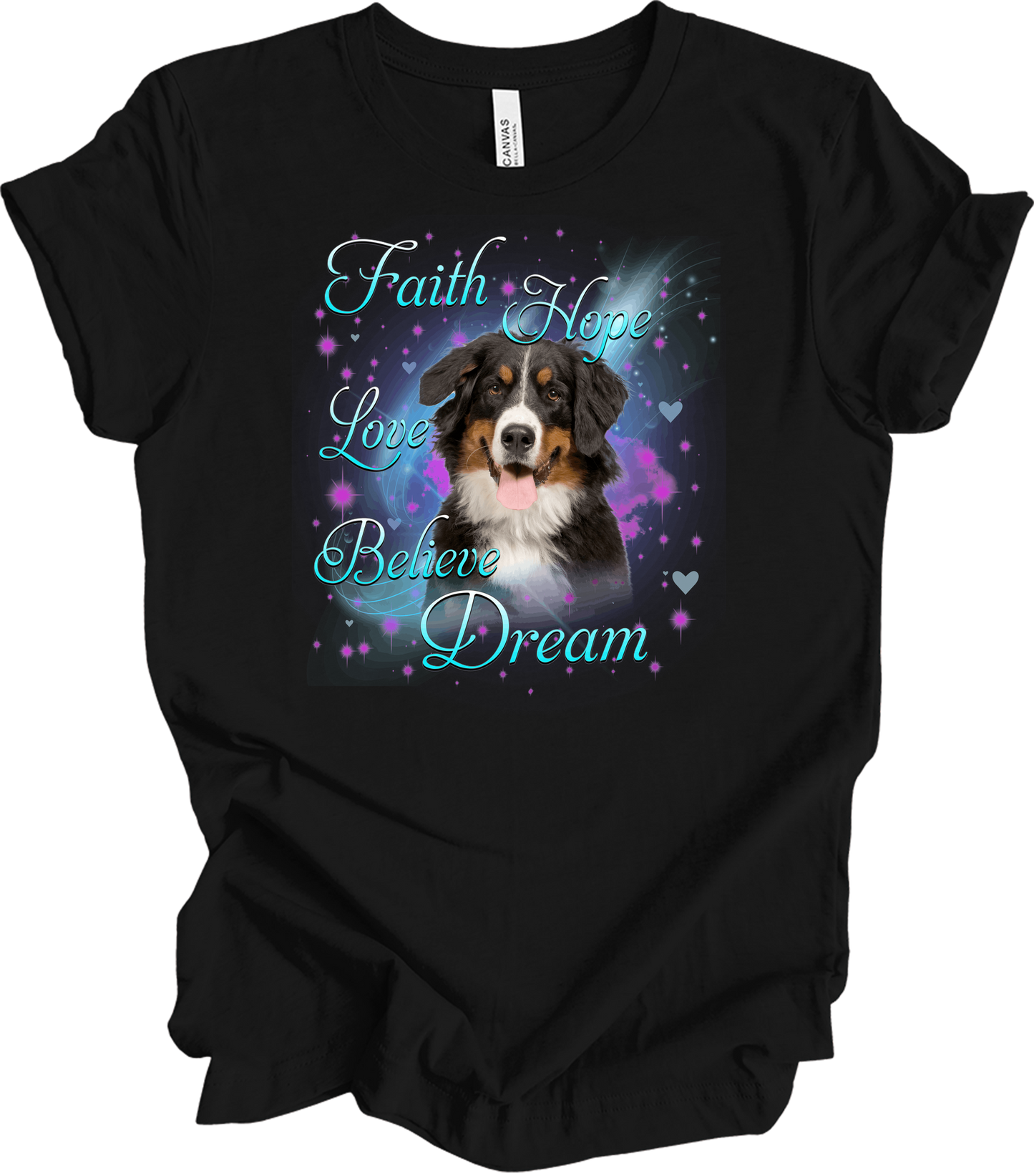 Bernese Mountain Dog Faith Hope Love Believe Dream Inspirational T-Shirt in Black