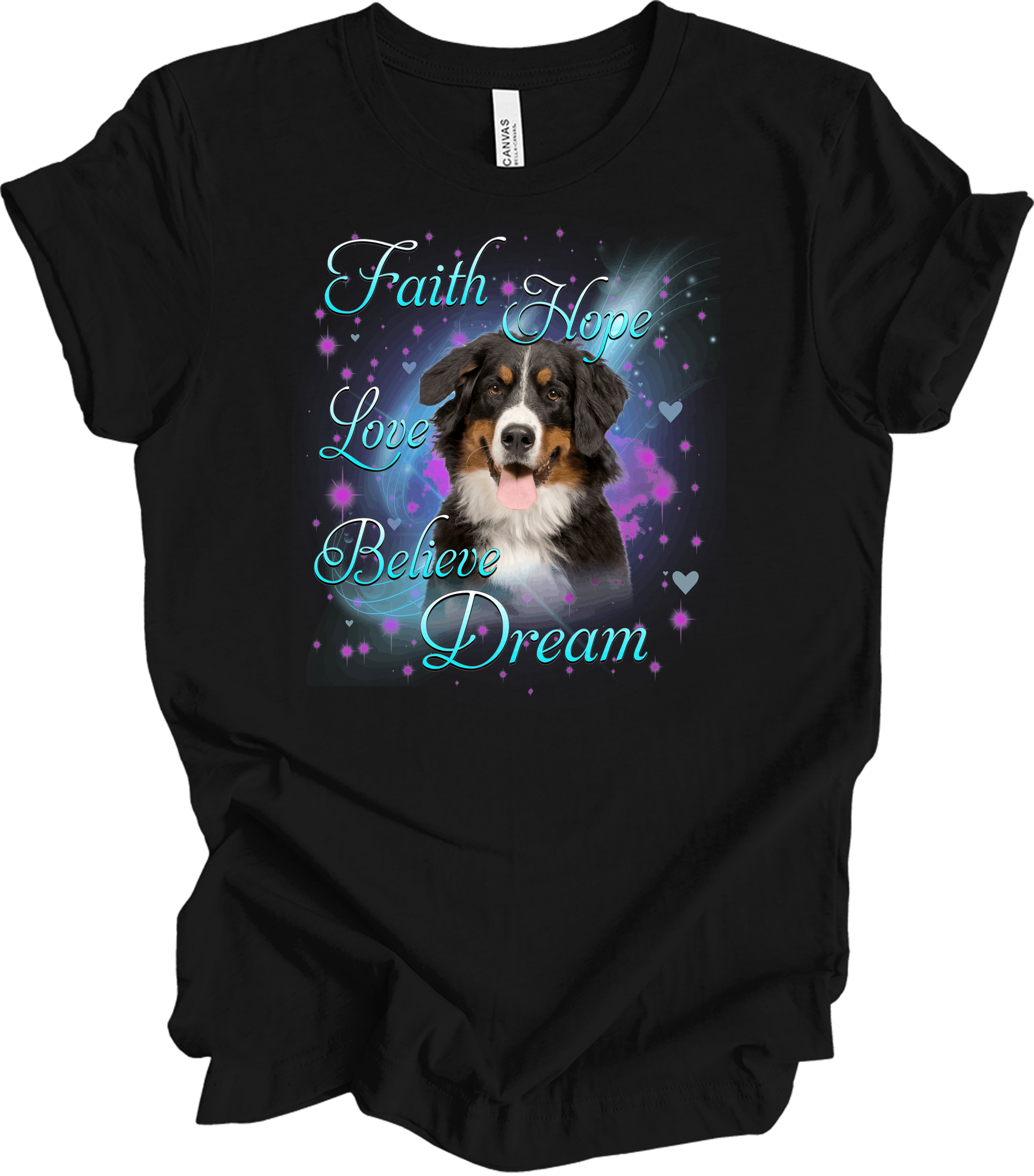 Bernese Mountain Dog Faith Hope Love Believe Dream Inspirational T-Shirt in Black