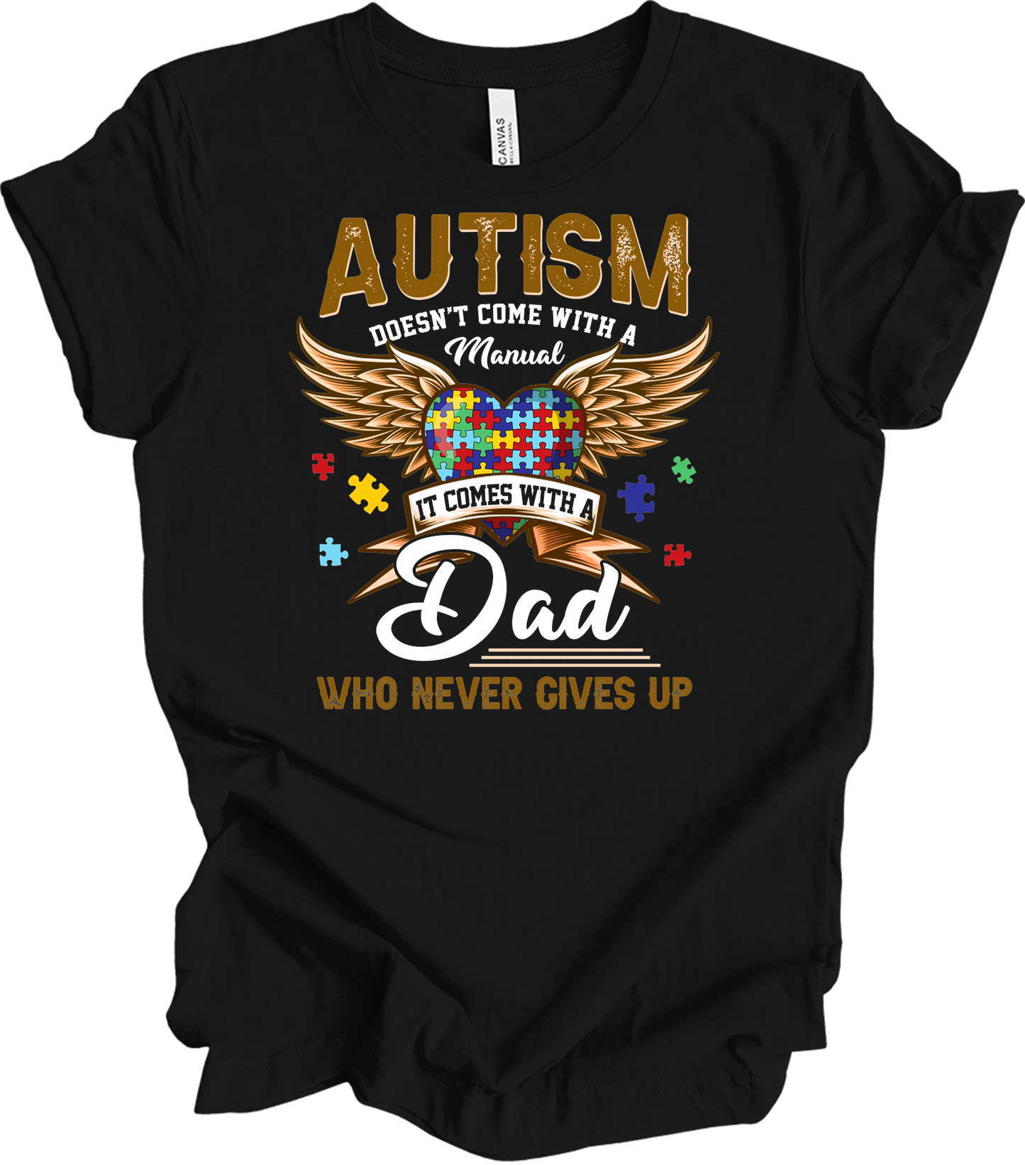 Autism Dad Heart Puzzle T-Shirt in Black