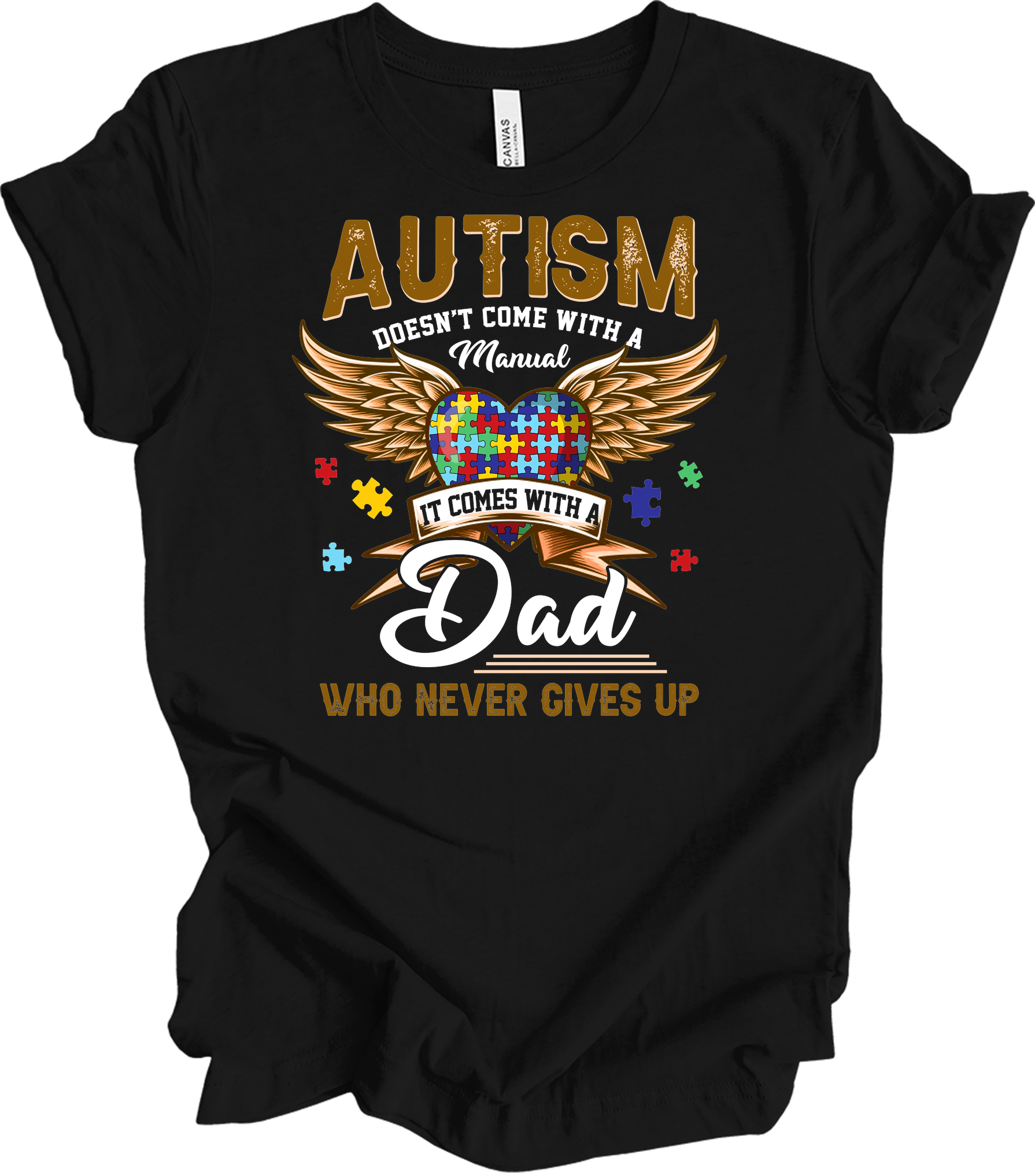 Autism Dad Heart Puzzle T-Shirt in Black