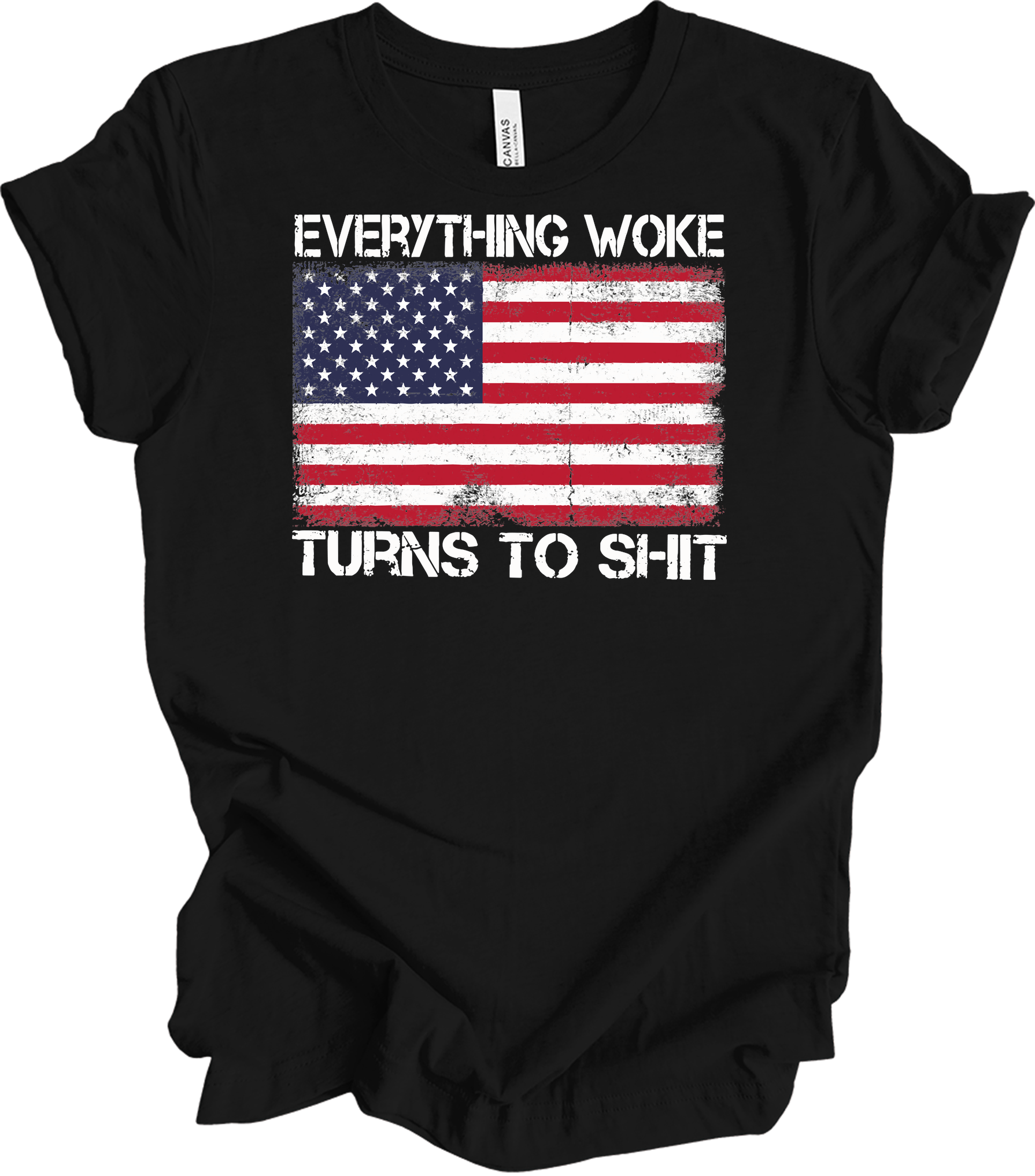 Everything Woke Turns to Sh!t Funny Trump Political USA Flag T-Shirt in Black