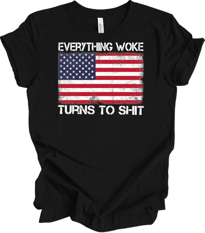 Everything Woke Turns to Sh!t Funny Trump Political USA Flag T-Shirt in Black