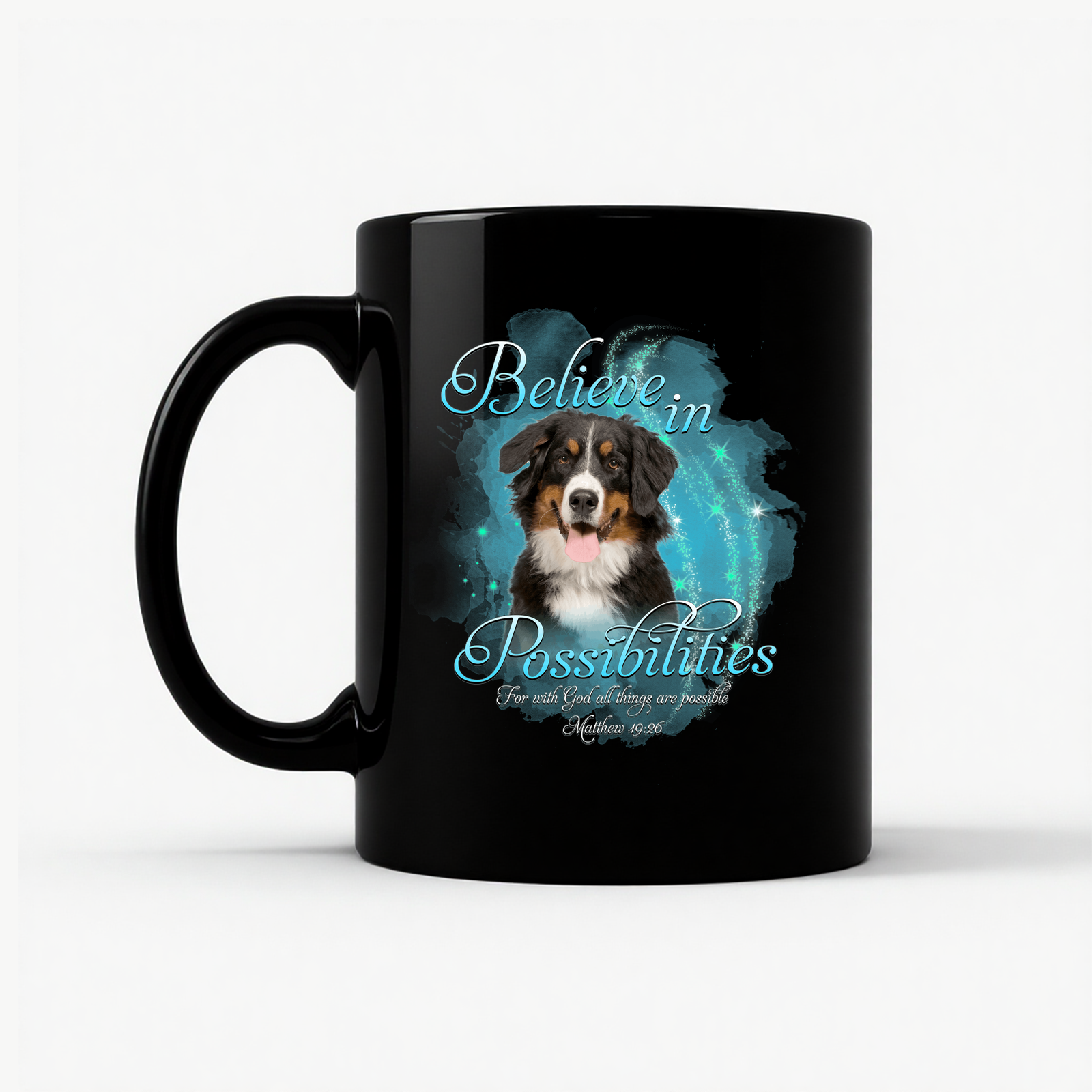 Bernese Dog 'Believe' Mug in Black