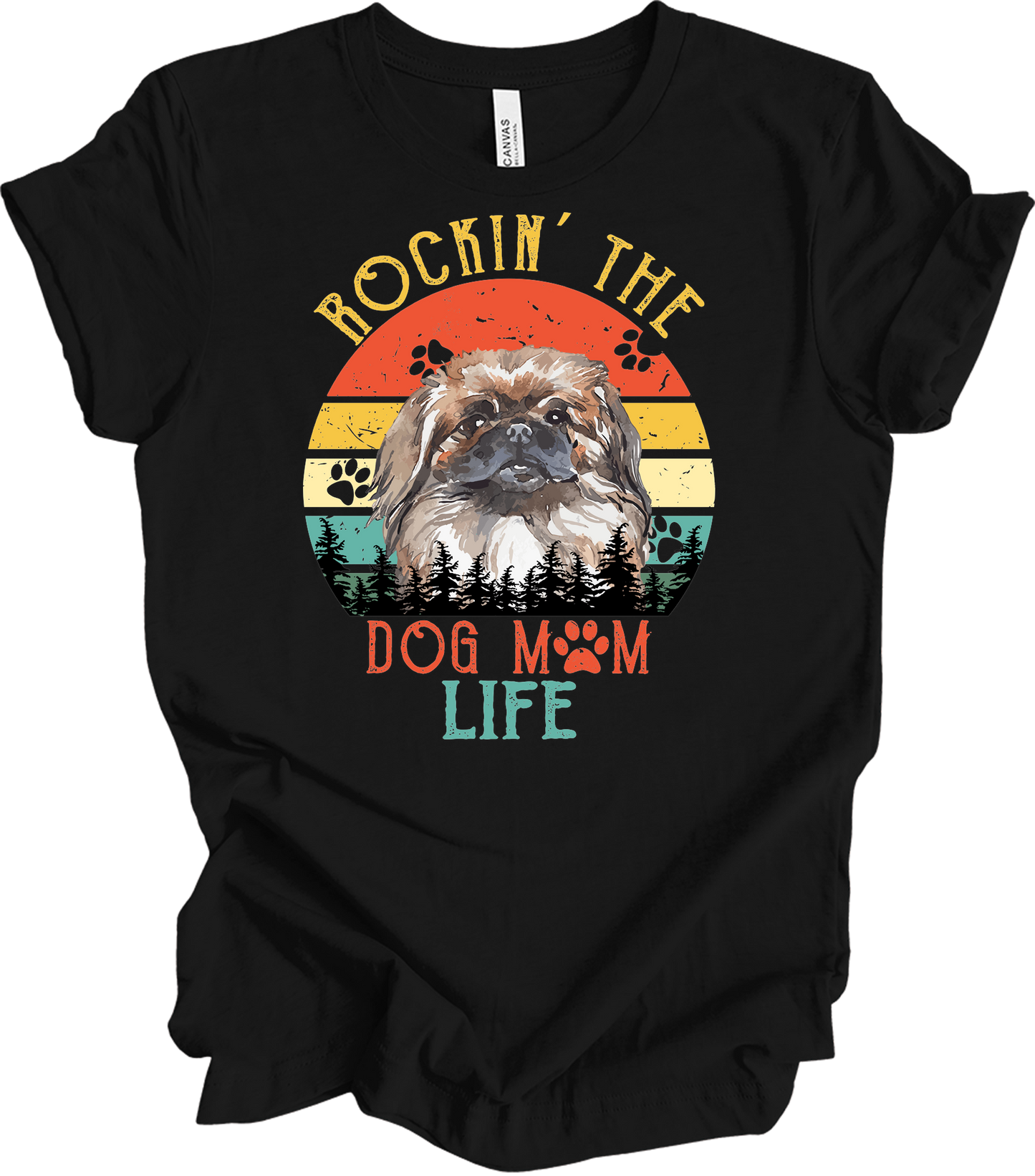 Pekingese Dog Mom Life Retro Sunset T-Shirt in Black