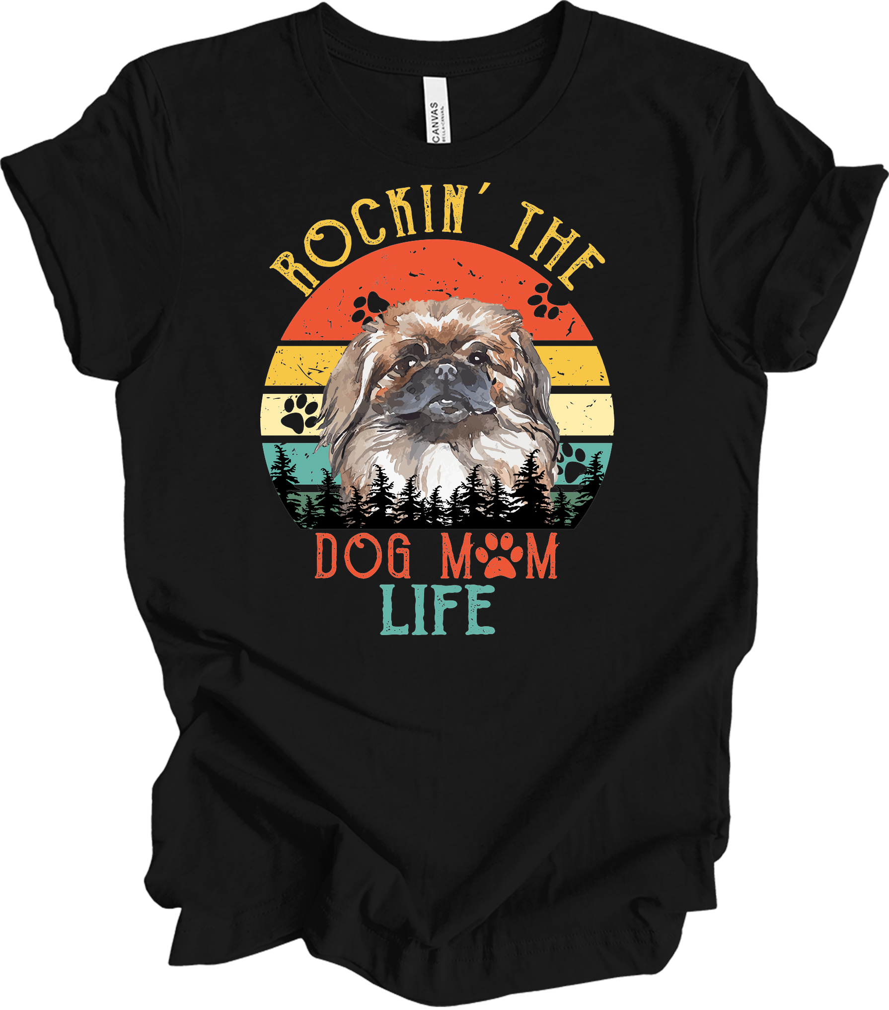 Pekingese Dog Mom Life Retro Sunset T-Shirt in Black