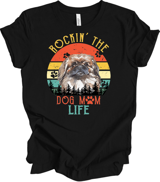 Pekingese Dog Mom Life Retro Sunset T-Shirt in Black