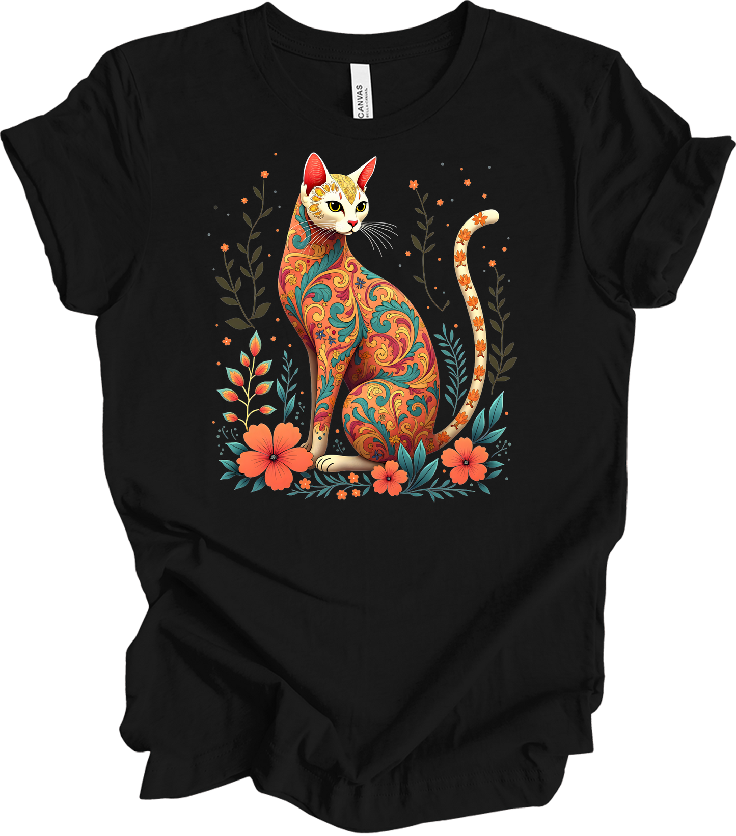 Floral Cat Art - Siamese Design T-Shirt in Black
