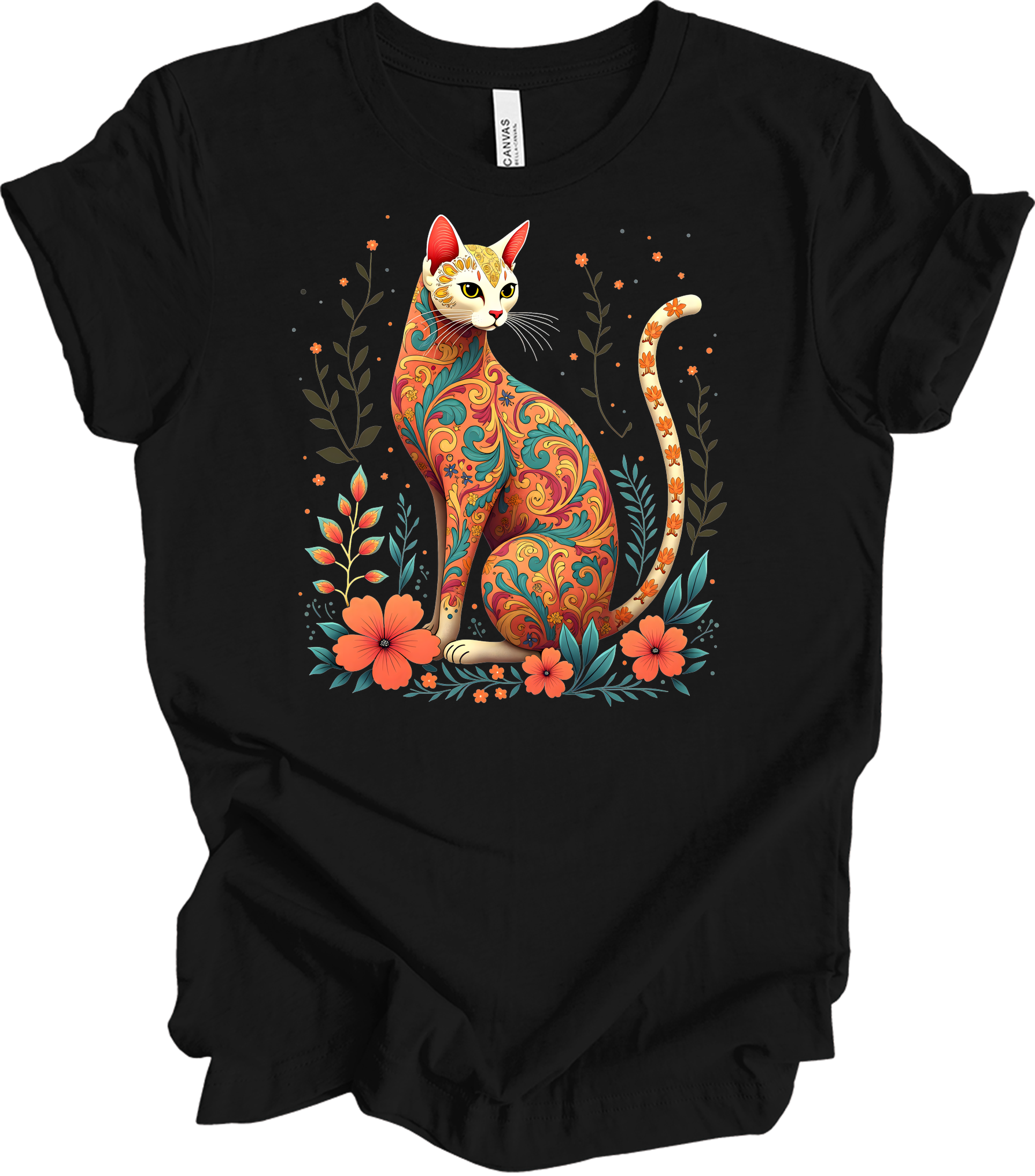 Floral Cat Art - Siamese Design T-Shirt in Black