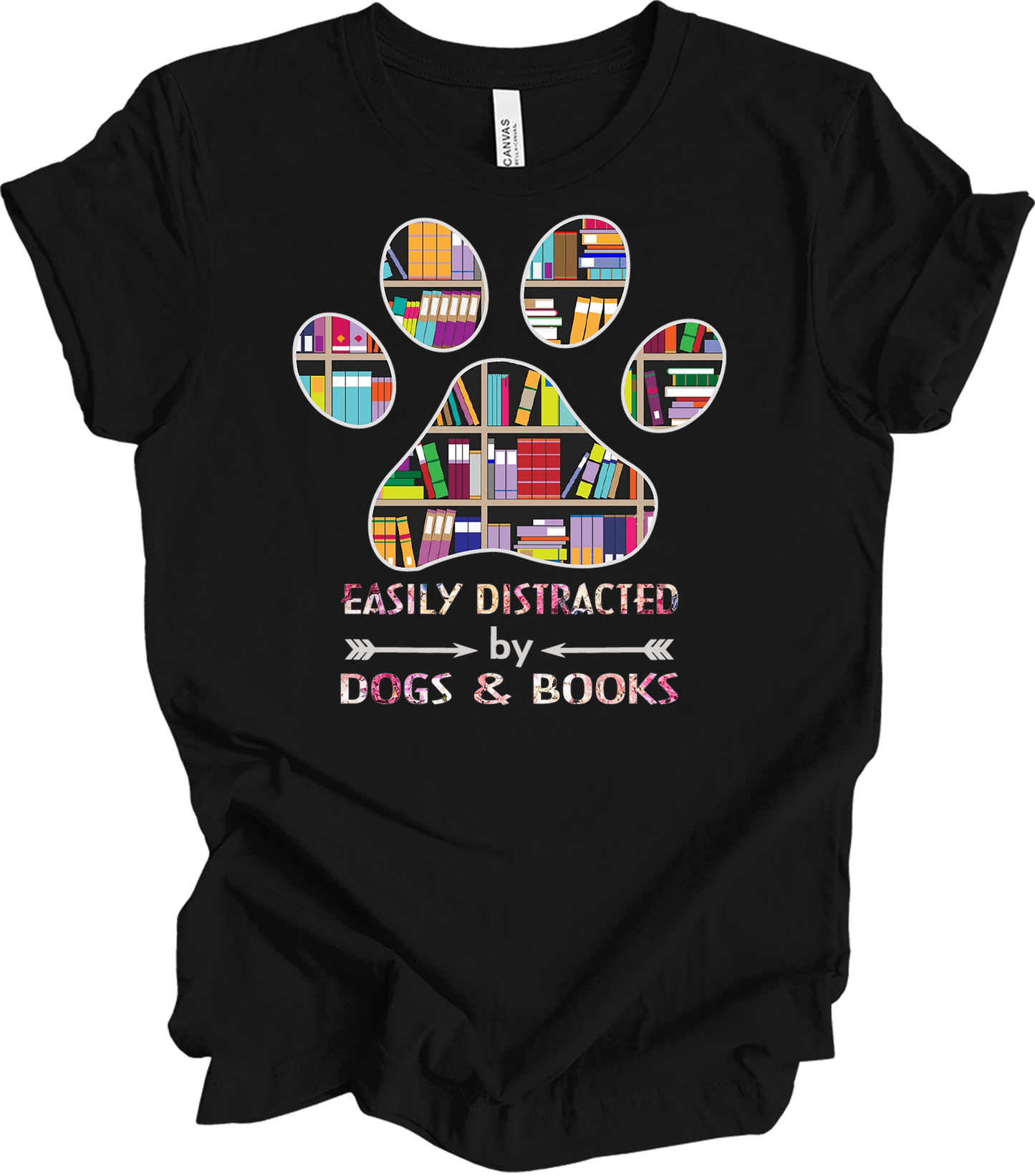 Colorful Paw Print Dogs & Books T-Shirt in Black