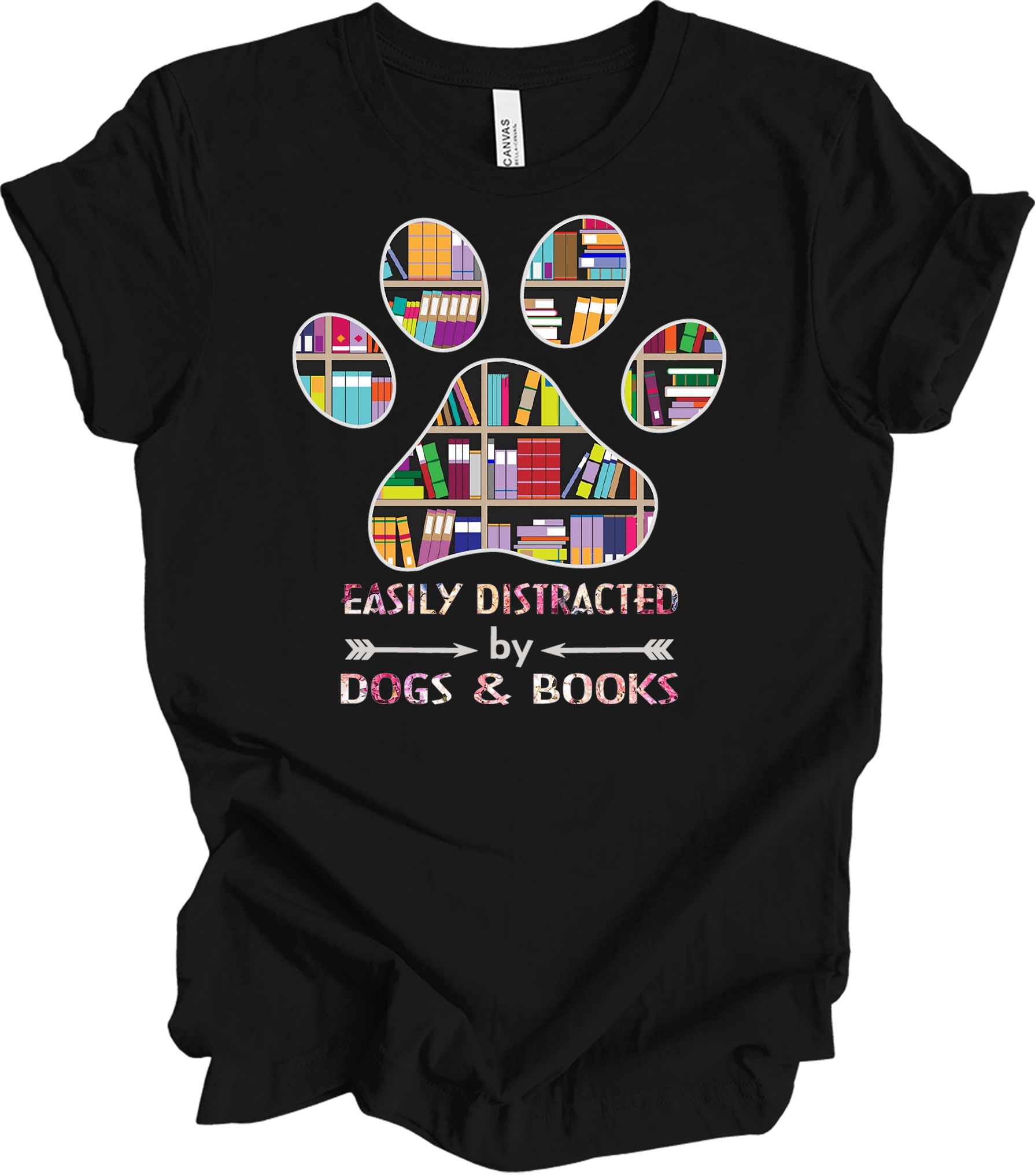 Colorful Paw Print Dogs & Books T-Shirt in Black
