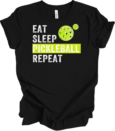Eat Sleep Pickleball Repeat Funny Pickleball Player T-Shirt in Black