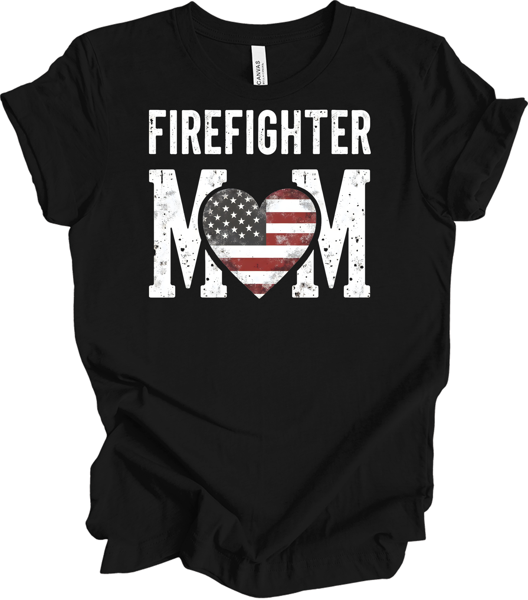 Firefighter Mom Flag Heart T-Shirt in Black