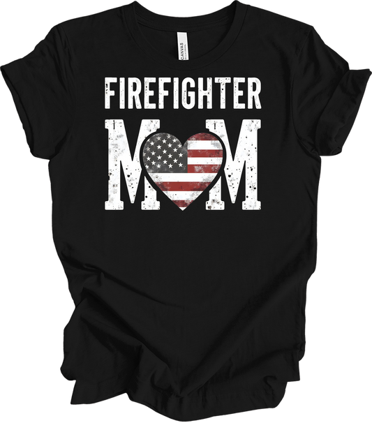 Firefighter Mom Flag Heart T-Shirt in Black