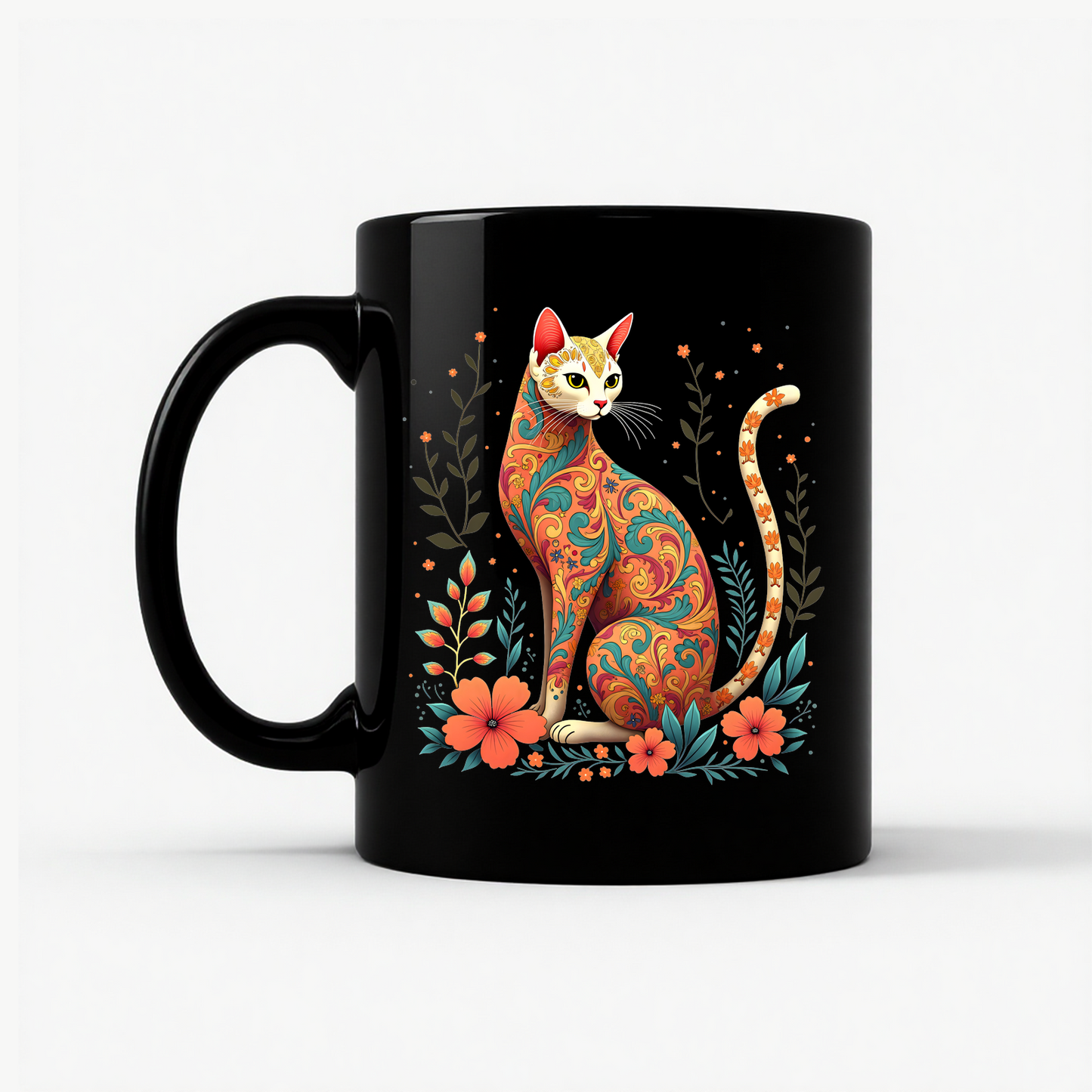 Floral Cat Art - Siamese Design Mug in Black