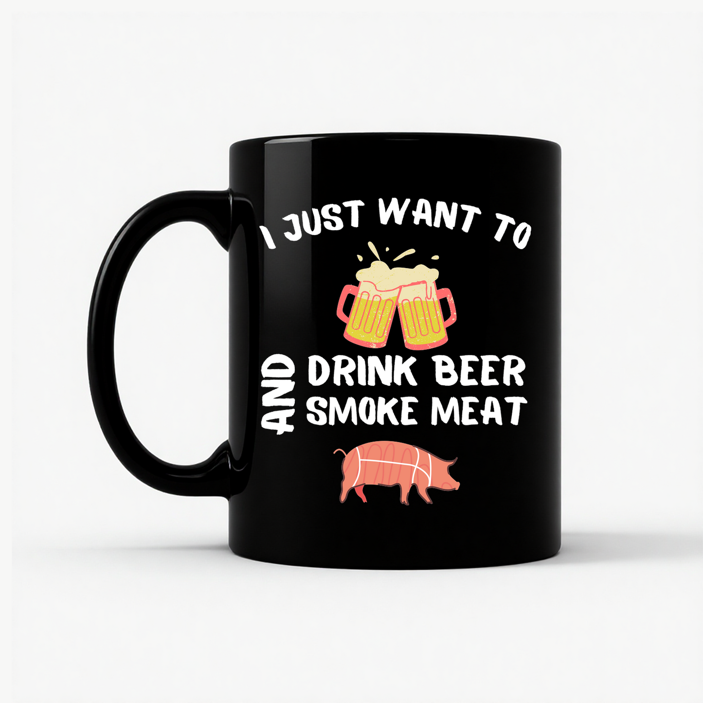 Drink Beer Smoke Meat Mug in Black