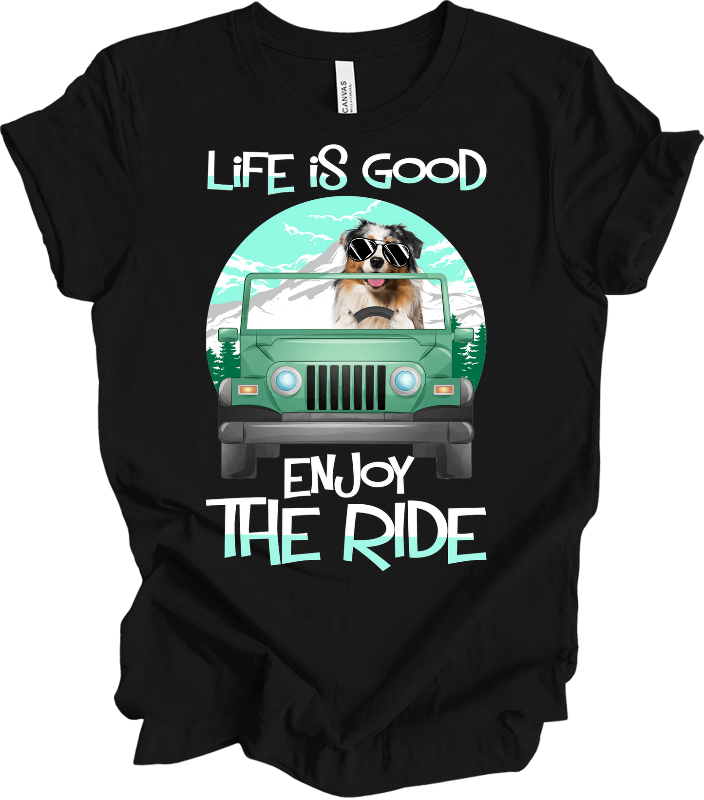 Australian Shepherd Jeep Dog - Life is Good Aussie Mom Gift T-Shirt in Black