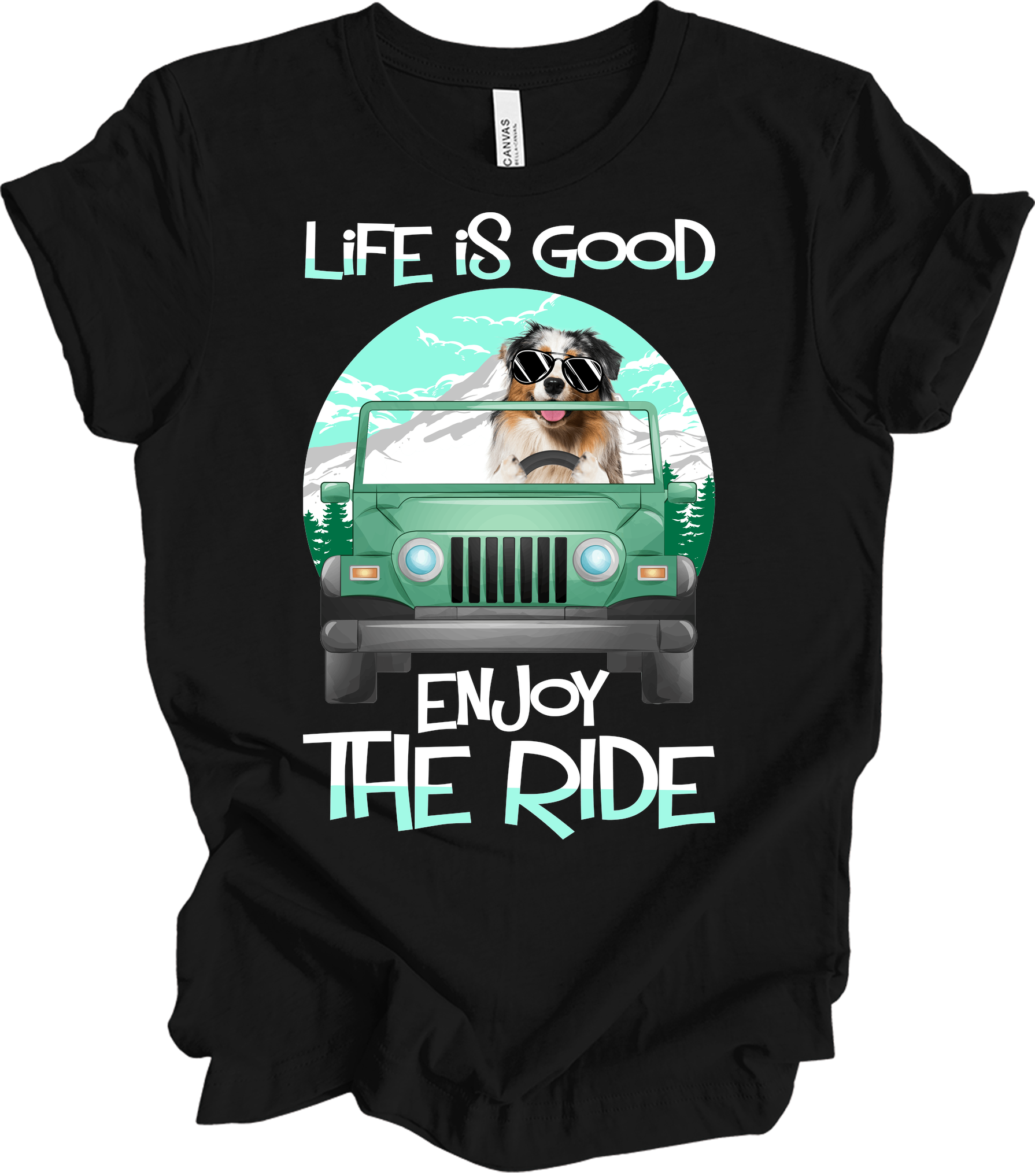Australian Shepherd Jeep Dog - Life is Good Aussie Mom Gift T-Shirt in Black