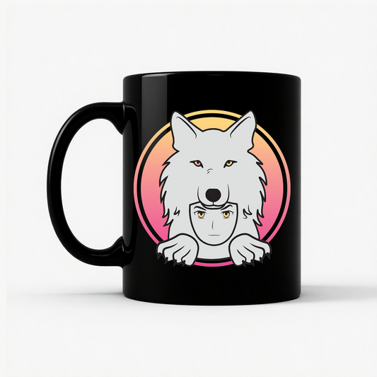 White Wolf Spirit Animal Anime - Wolf Pack Mug in Black