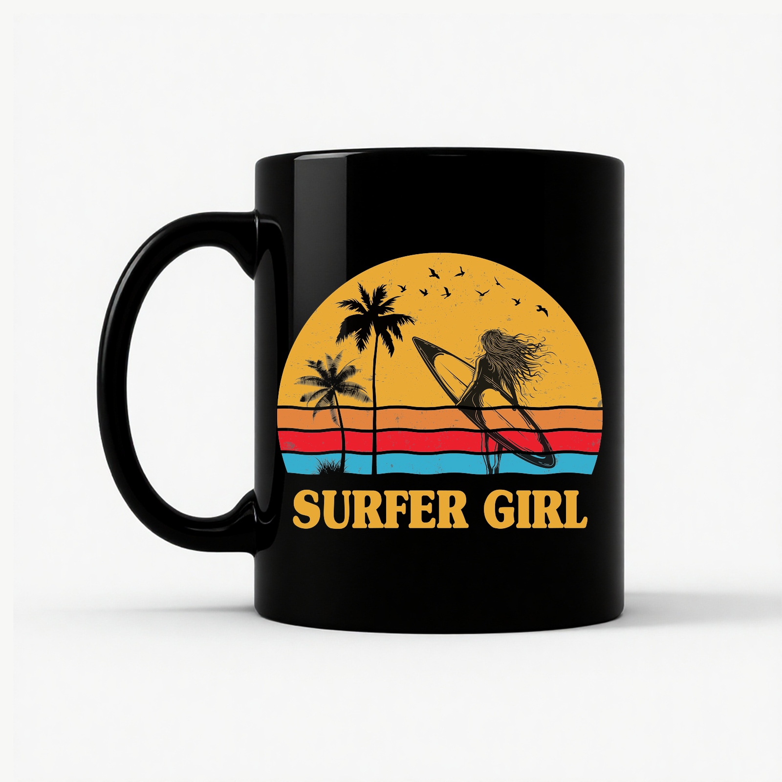 Surfer Girl Vintage Retro 70s Beach Surfing California Lover Mug in Black